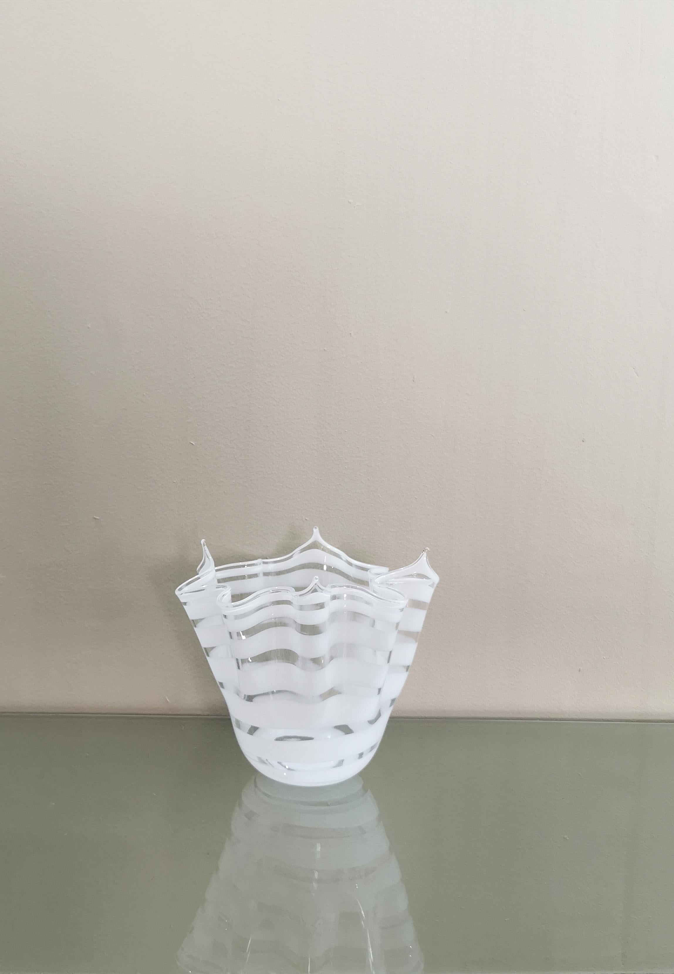 MidCentury Vase Murano Glass White Transparent Handkerchief Italian Design 1960s 4