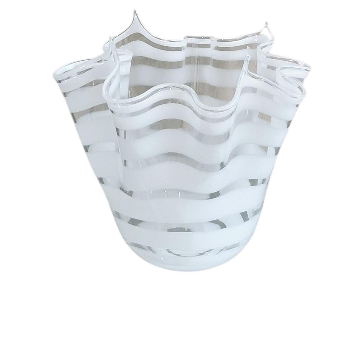 MidCentury Vase Murano Glass White Transparent Handkerchief Italian Design 1960s