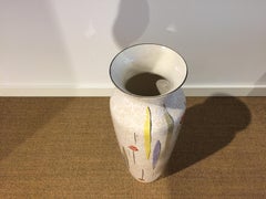 Midcentury Vase White Lava Glaze and Motiv of Red Flowers, from W-Germany