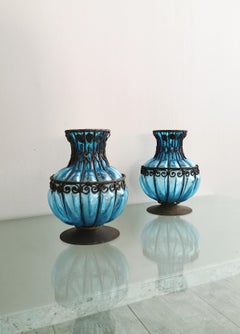 Midcentury Vases Centerpieces Murano Glass Blue Metal Italy 1980s Set of 2