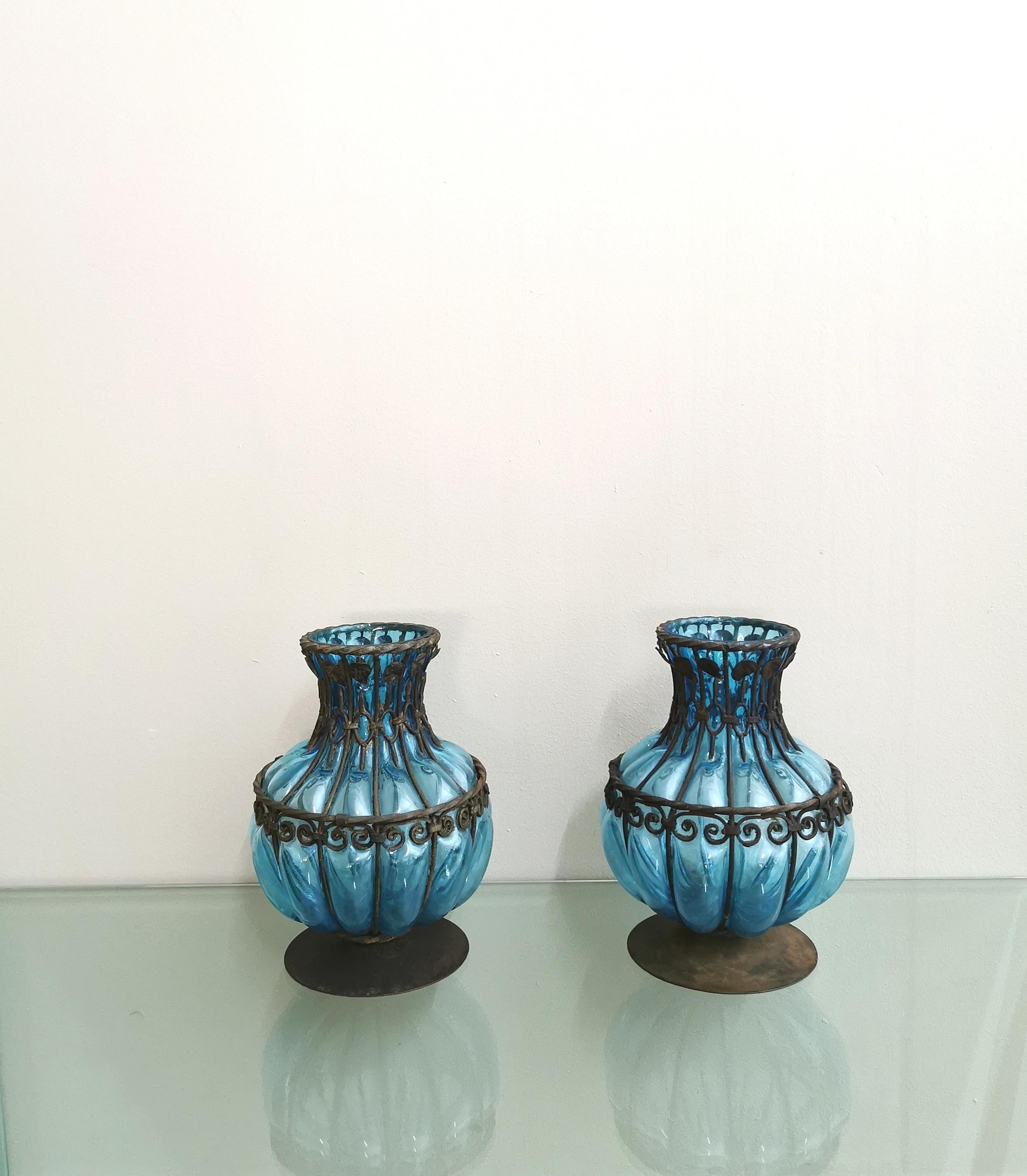 Mid-Century Modern Midcentury Vases Centerpieces Murano Glass Blue Metal Italy 1980s Set of 2