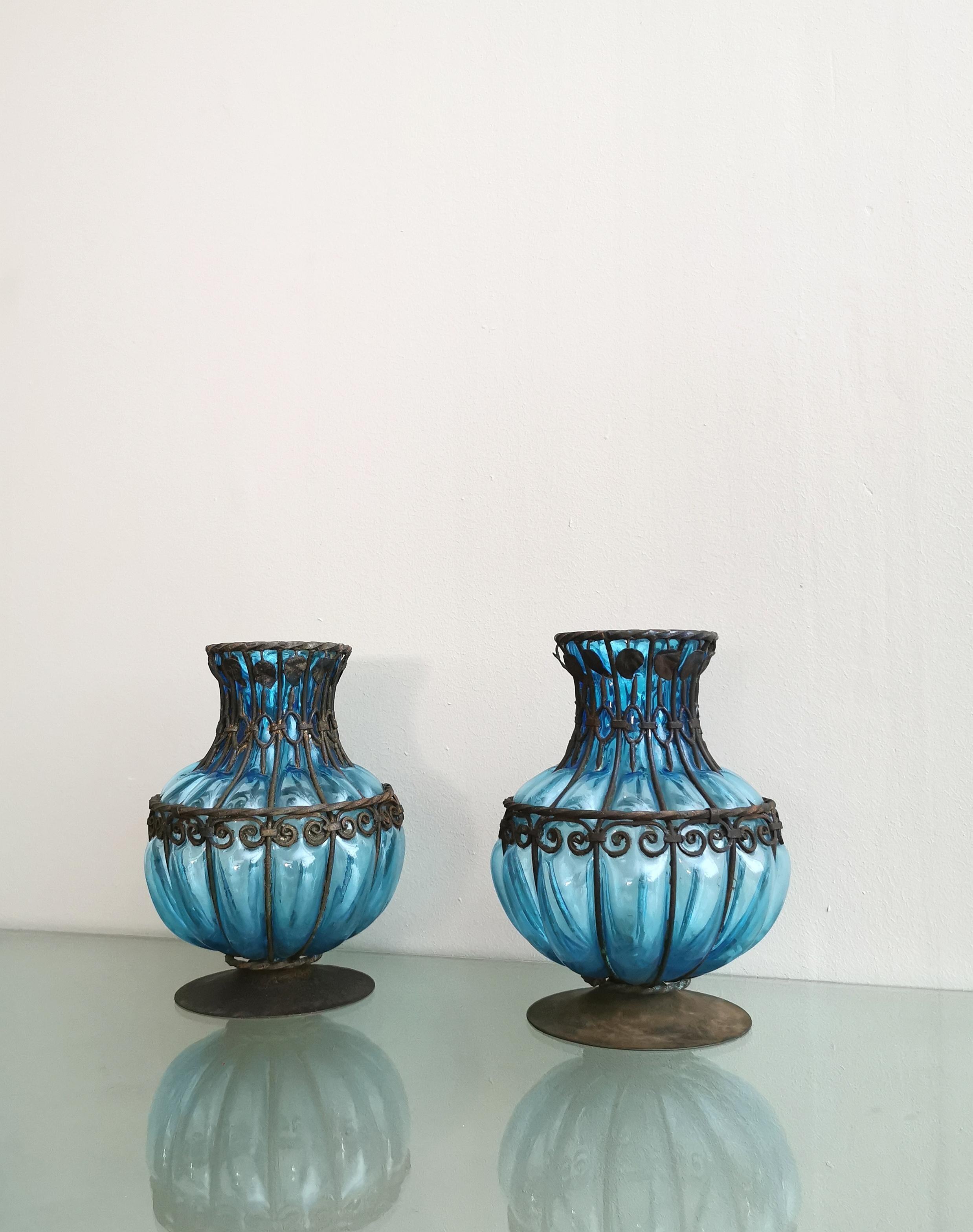 Italian Midcentury Vases Centerpieces Murano Glass Blue Metal Italy 1980s Set of 2