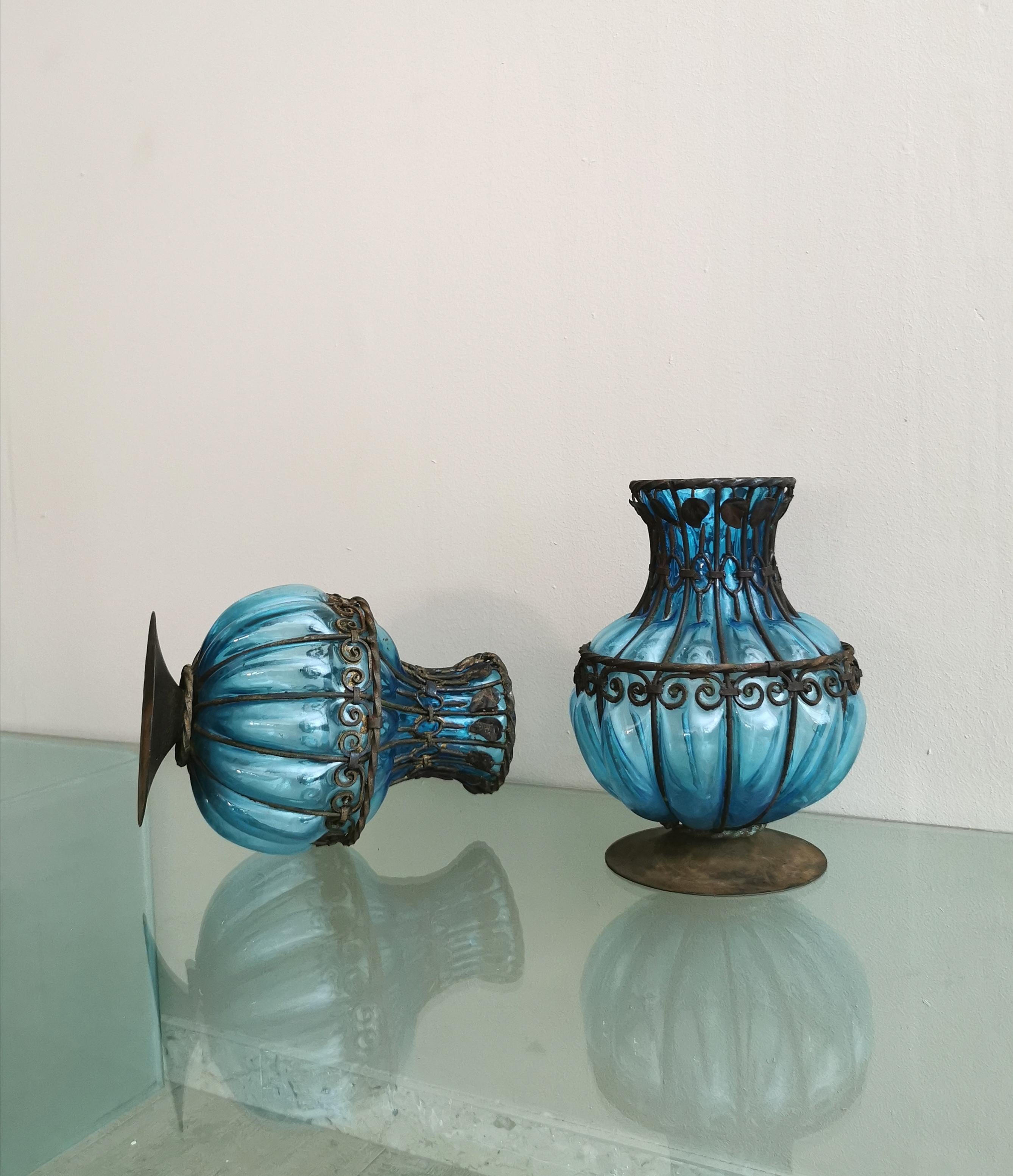 Midcentury Vases Centerpieces Murano Glass Blue Metal Italy 1980s Set of 2 In Fair Condition In Palermo, IT