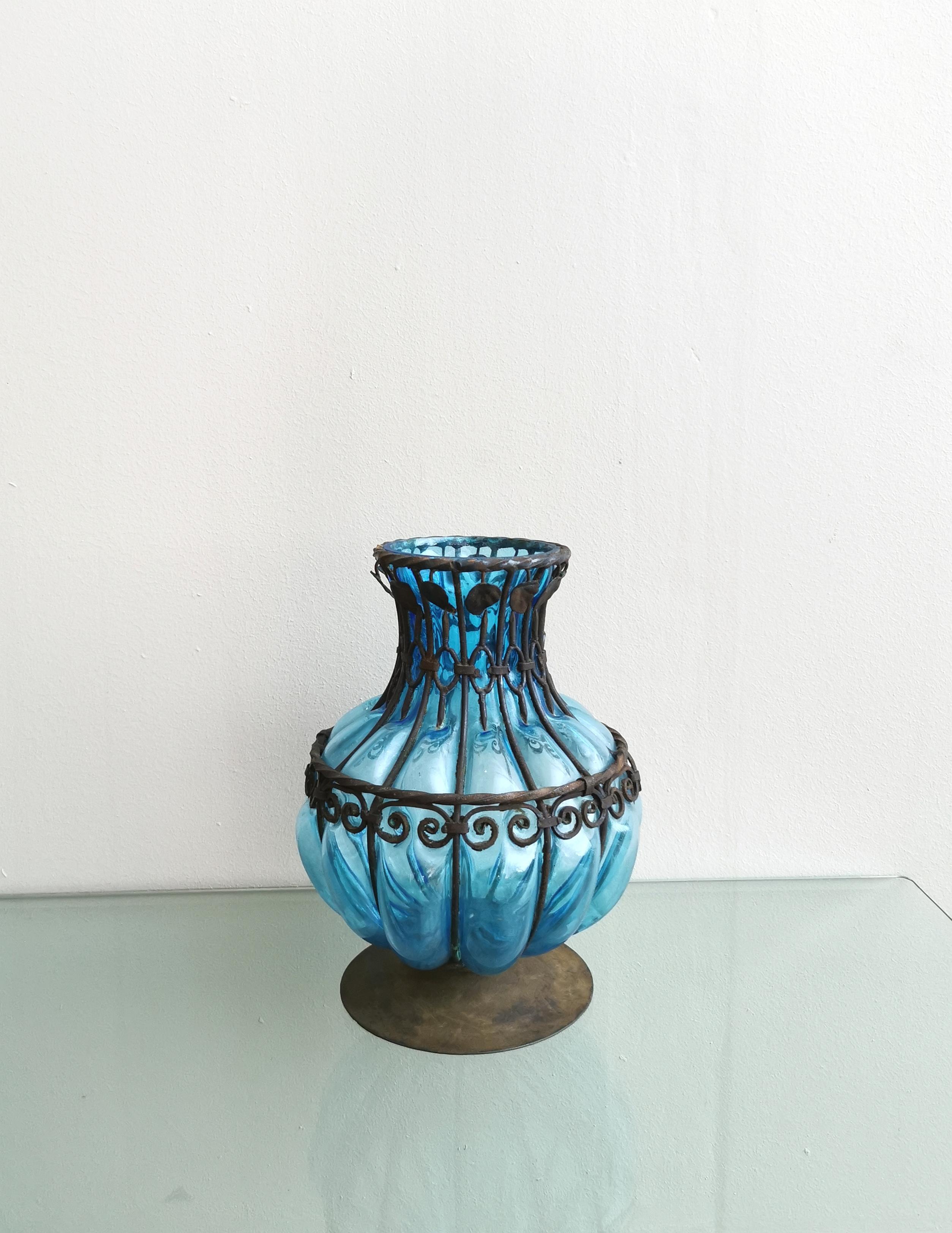 20th Century Midcentury Vases Centerpieces Murano Glass Blue Metal Italy 1980s Set of 2