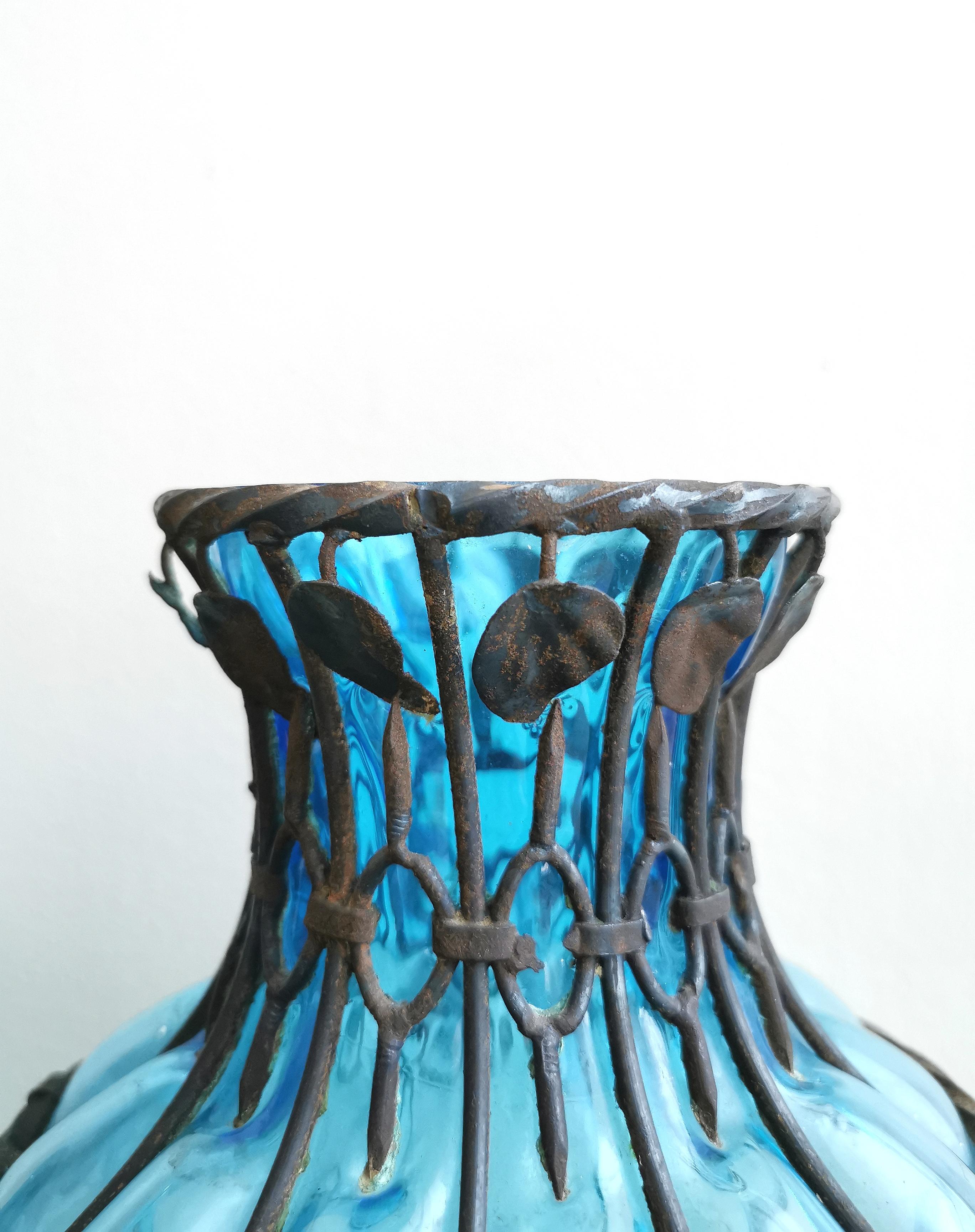 Midcentury Vases Centerpieces Murano Glass Blue Metal Italy 1980s Set of 2 3