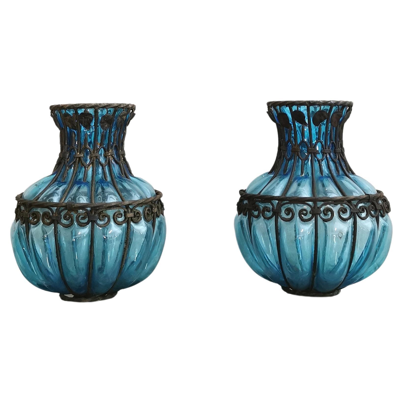 Midcentury Vases Centerpieces Murano Glass Blue Metal Italy 1980s Set of 2
