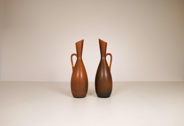 Large midcentury vases manufactured at Rörstrand and maker/designer Carl Harry Stålhane. Made in Sweden in the 1950s. Beautiful glazed vases with nice lines. That typical hares fur glaze made at Rörstrand and the designer C-H Stålhane gives the