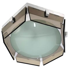 Midcentury Veca Hexagonal Glass and Chromed Steel Italian Ceiling Lamp, 1970s