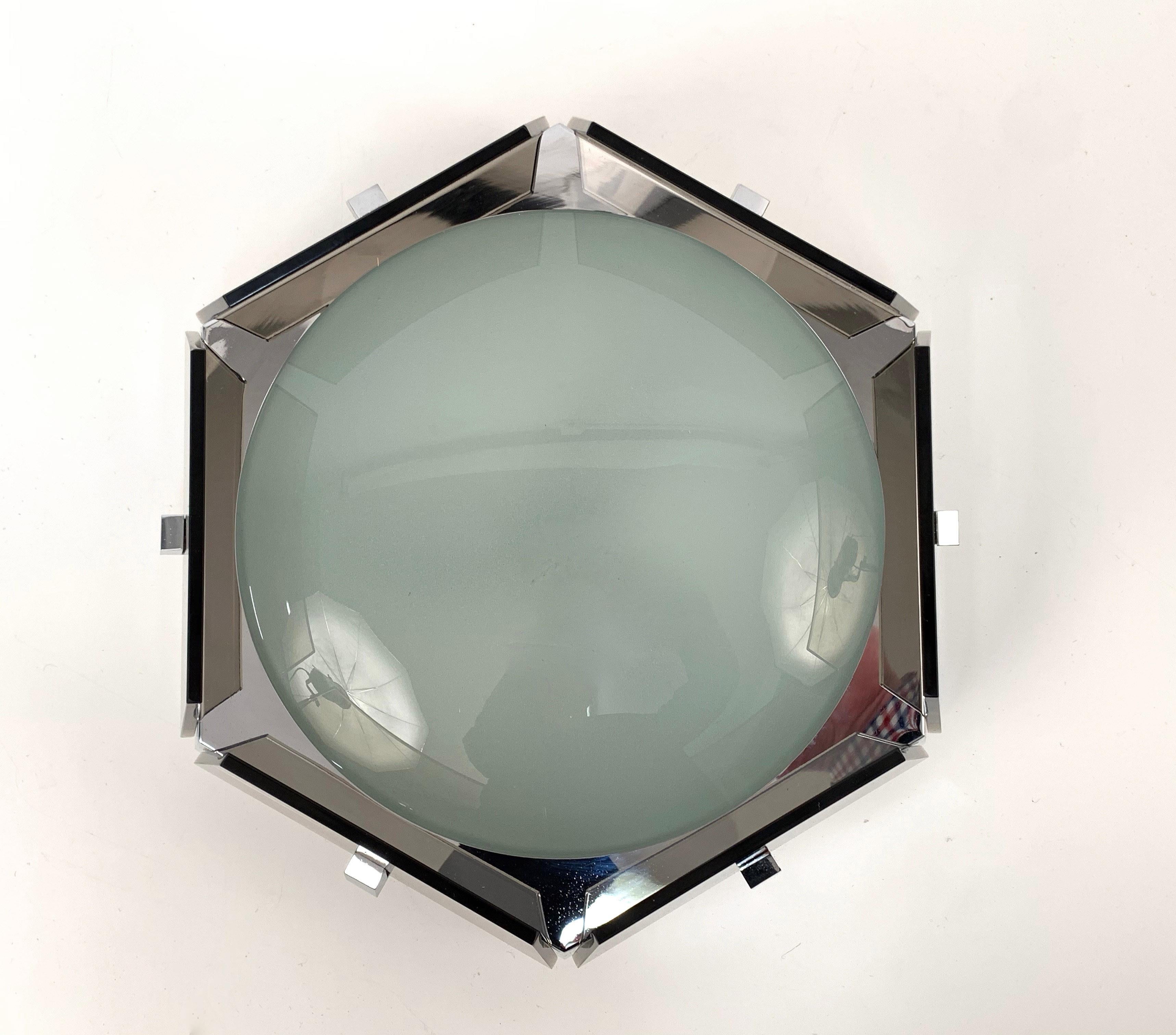Mid-Century Modern MIdcentury Veca Hexagonal Glass and Chromed Steel Italian Ceiling Lamp, 1970s