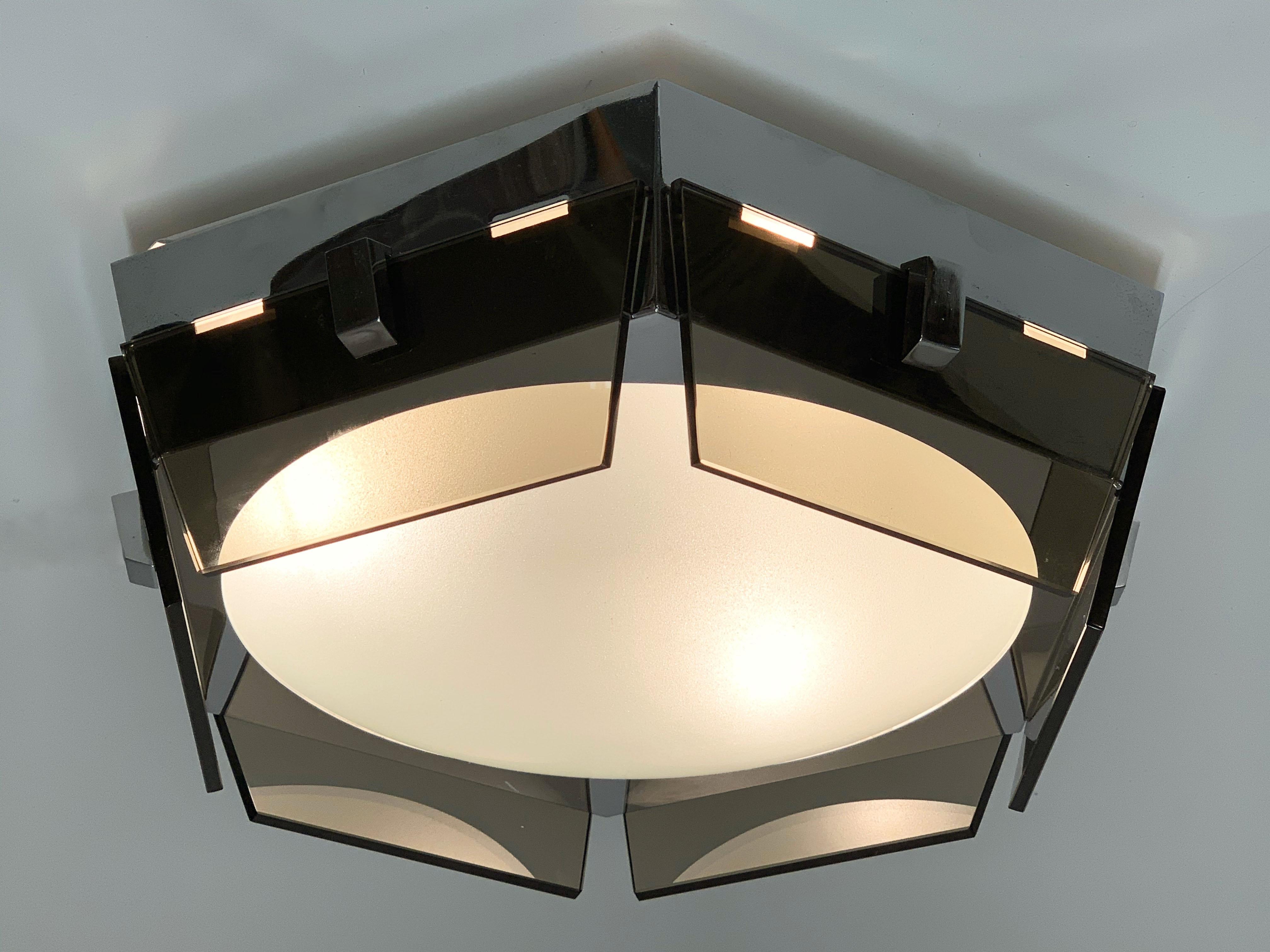 Midcentury Veca Hexagonal Glass and Chromed Steel Italian Ceiling Lamp, 1970s 1