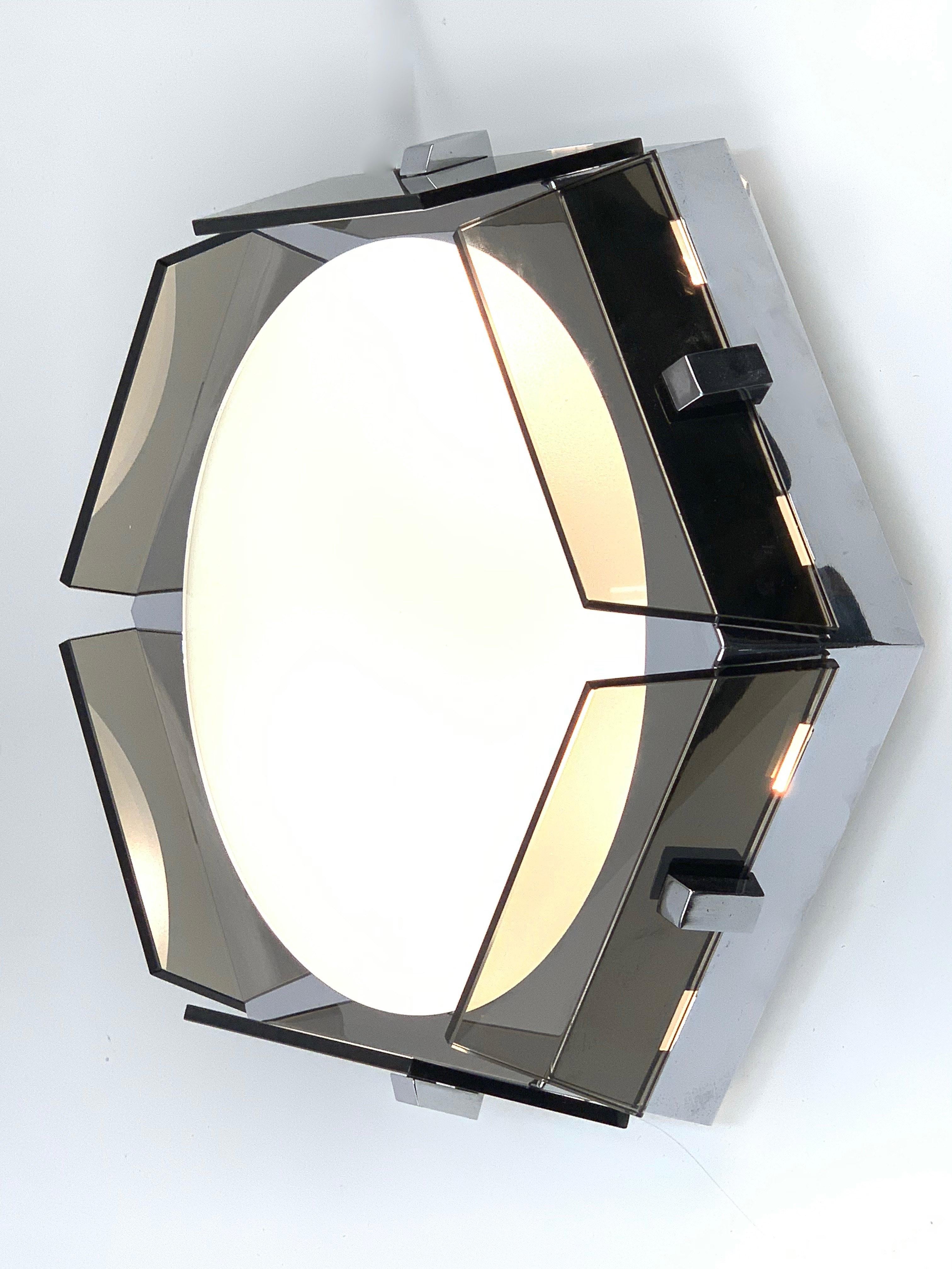 MIdcentury Veca Hexagonal Glass and Chromed Steel Italian Ceiling Lamp, 1970s 4