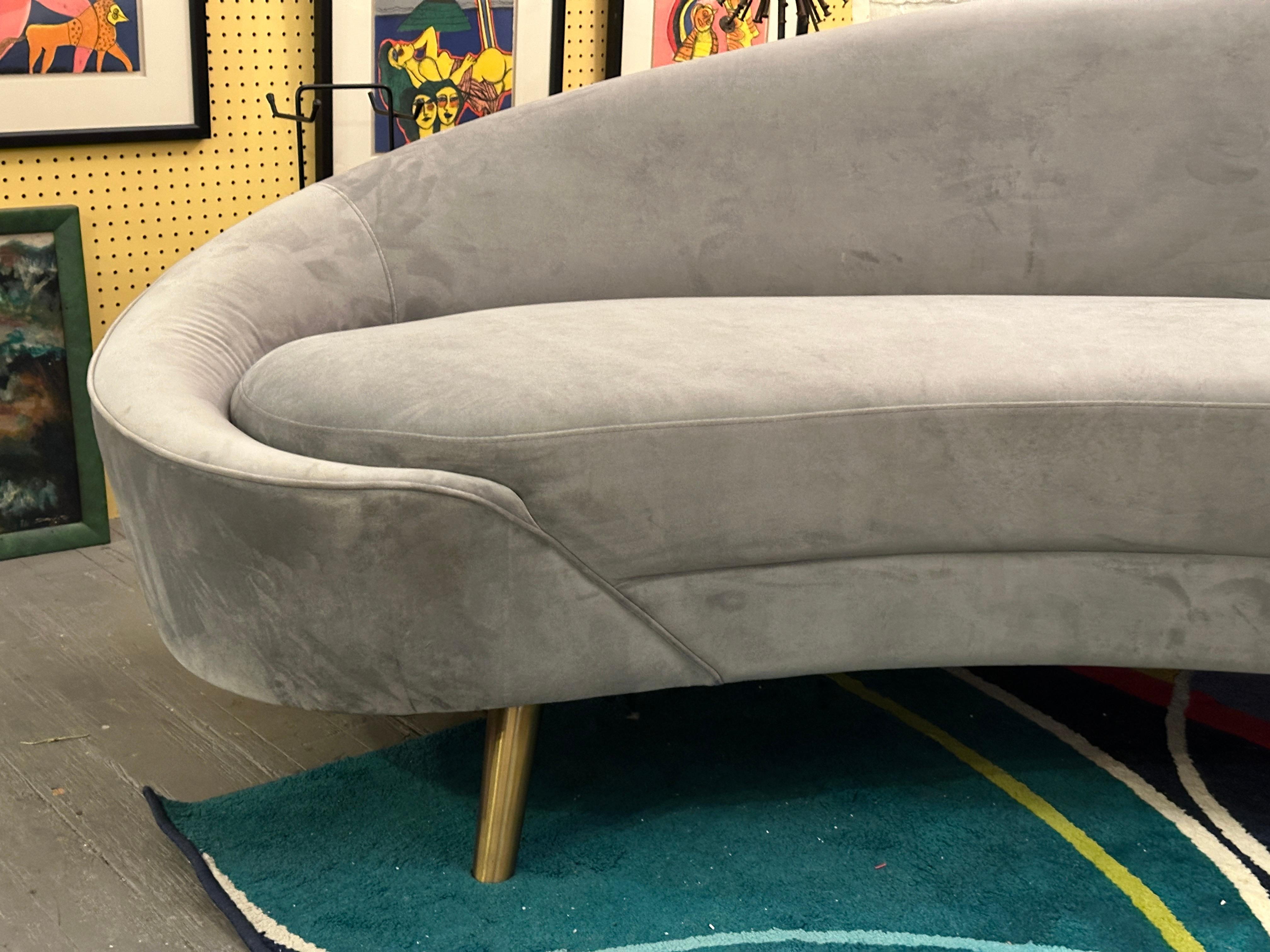 Mid-Century Modern Midcentury Velvet Grey Curved Sofa with Brass Legs in Federico Munari Style