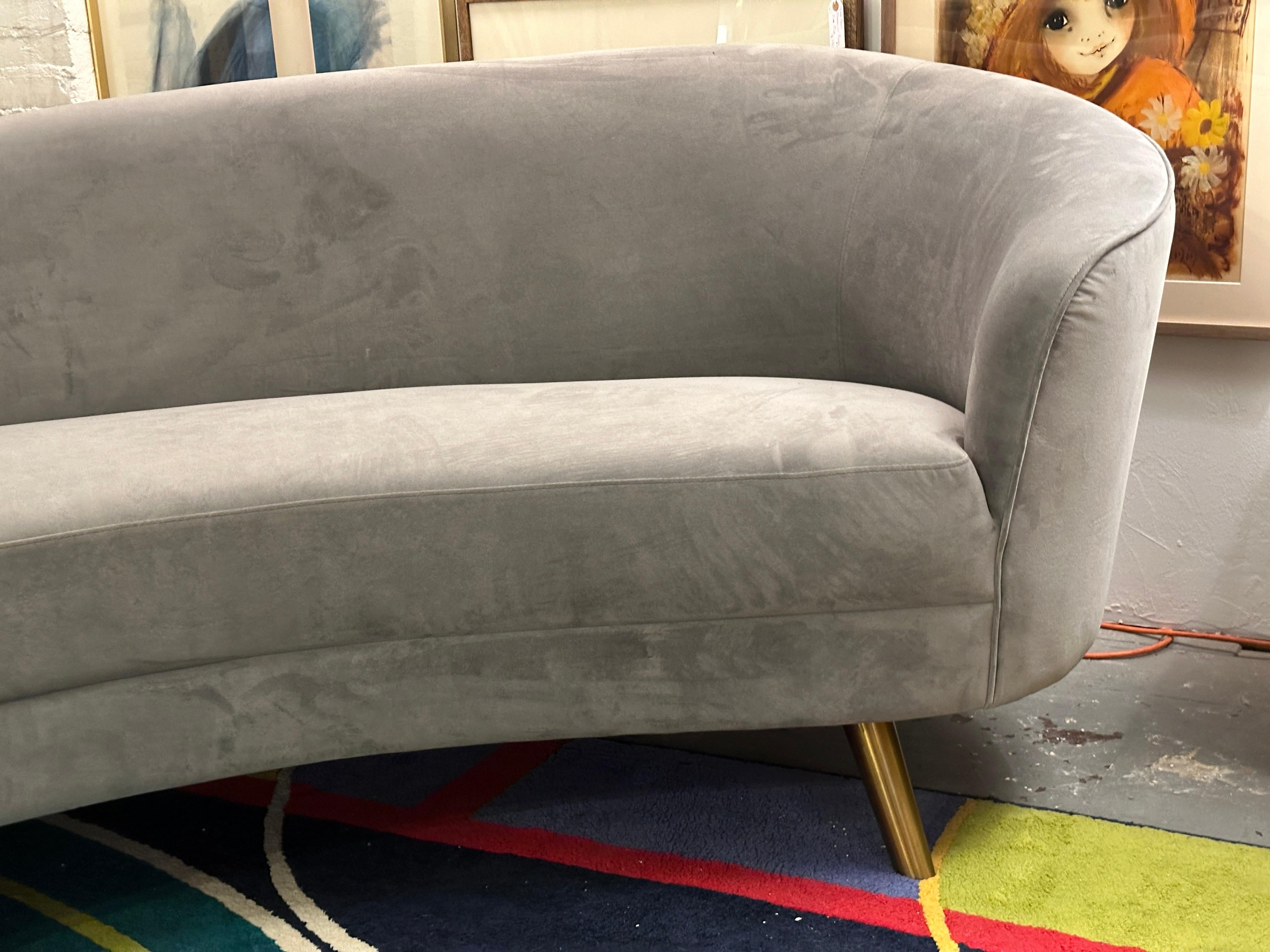 American Midcentury Velvet Grey Curved Sofa with Brass Legs in Federico Munari Style
