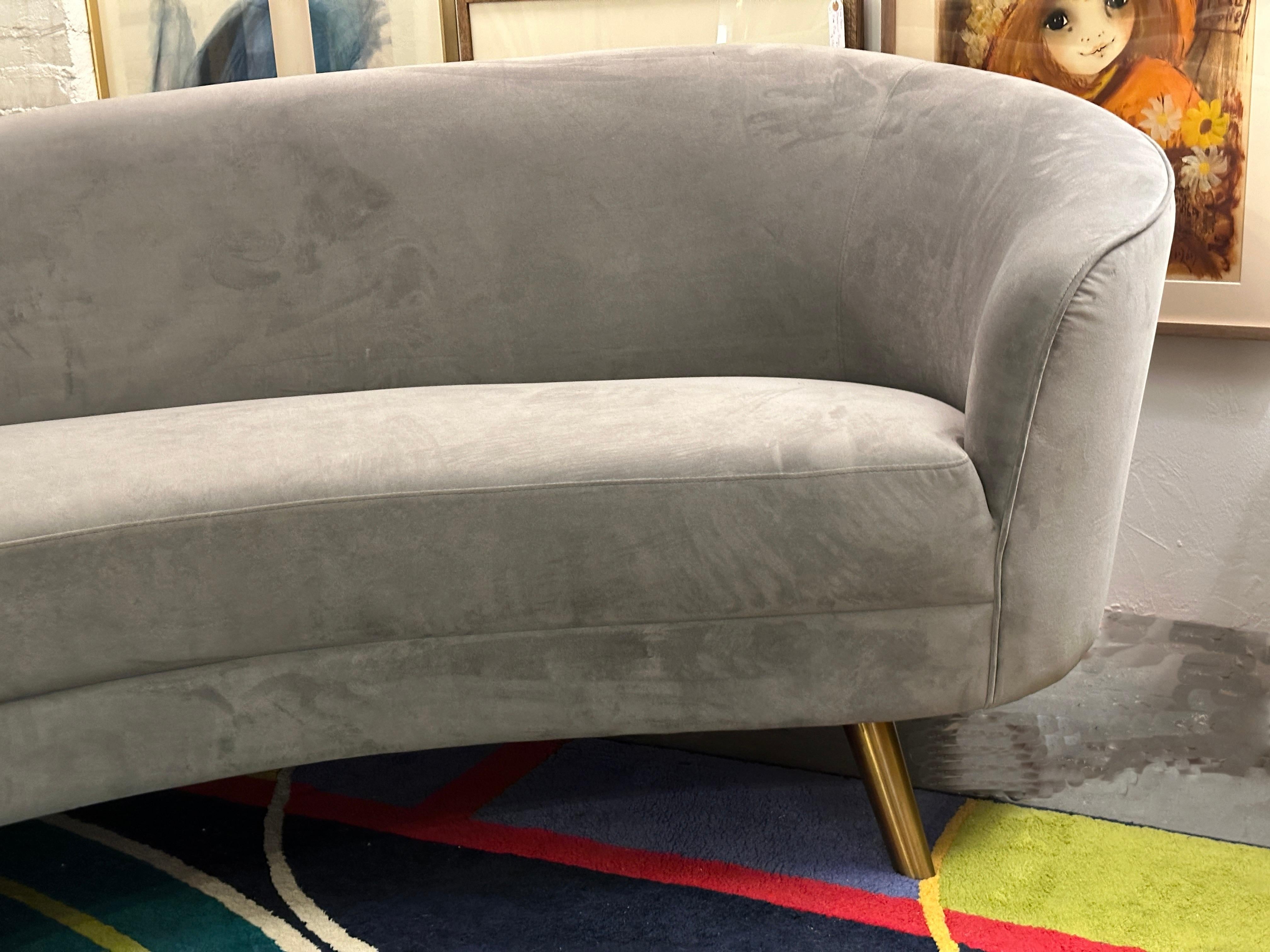 20th Century Midcentury Velvet Grey Curved Sofa with Brass Legs in Federico Munari Style
