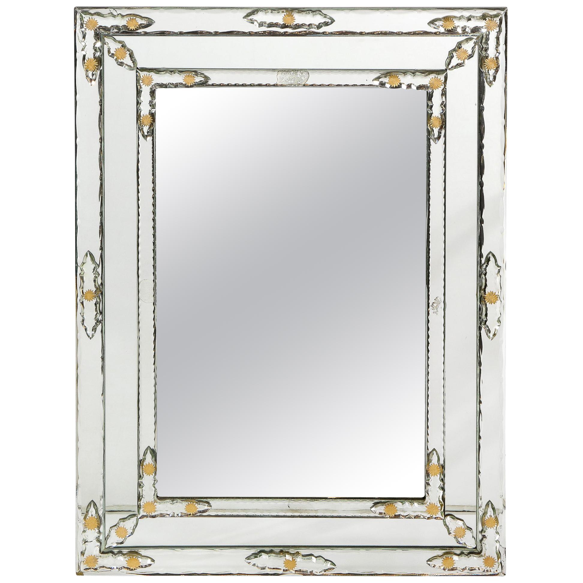 Midcentury Venetian Beveled Mirror w/ Gold Sunburst Etchings & Mirror Appliques