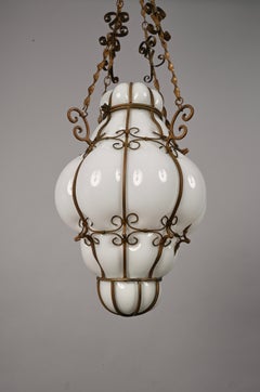Midcentury Venetian Brass and Mouth Blown Murano White Glass Chandelier, 1940s