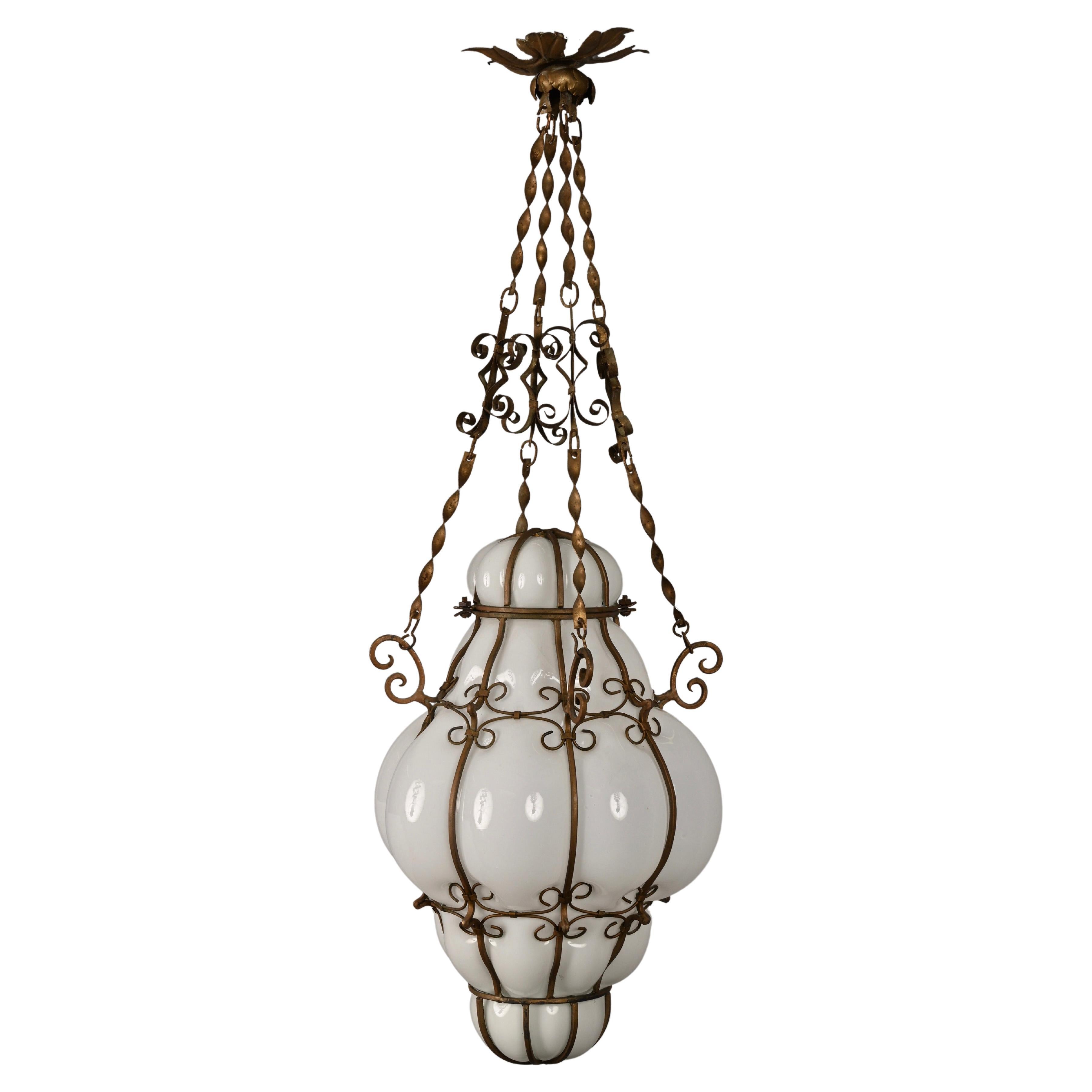 Midcentury Venetian Brass and Mouth Blown Murano White Glass Chandelier, 1940s