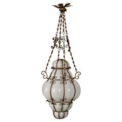 Midcentury Venetian Brass and Mouth Blown Murano White Glass Chandelier, 1940s