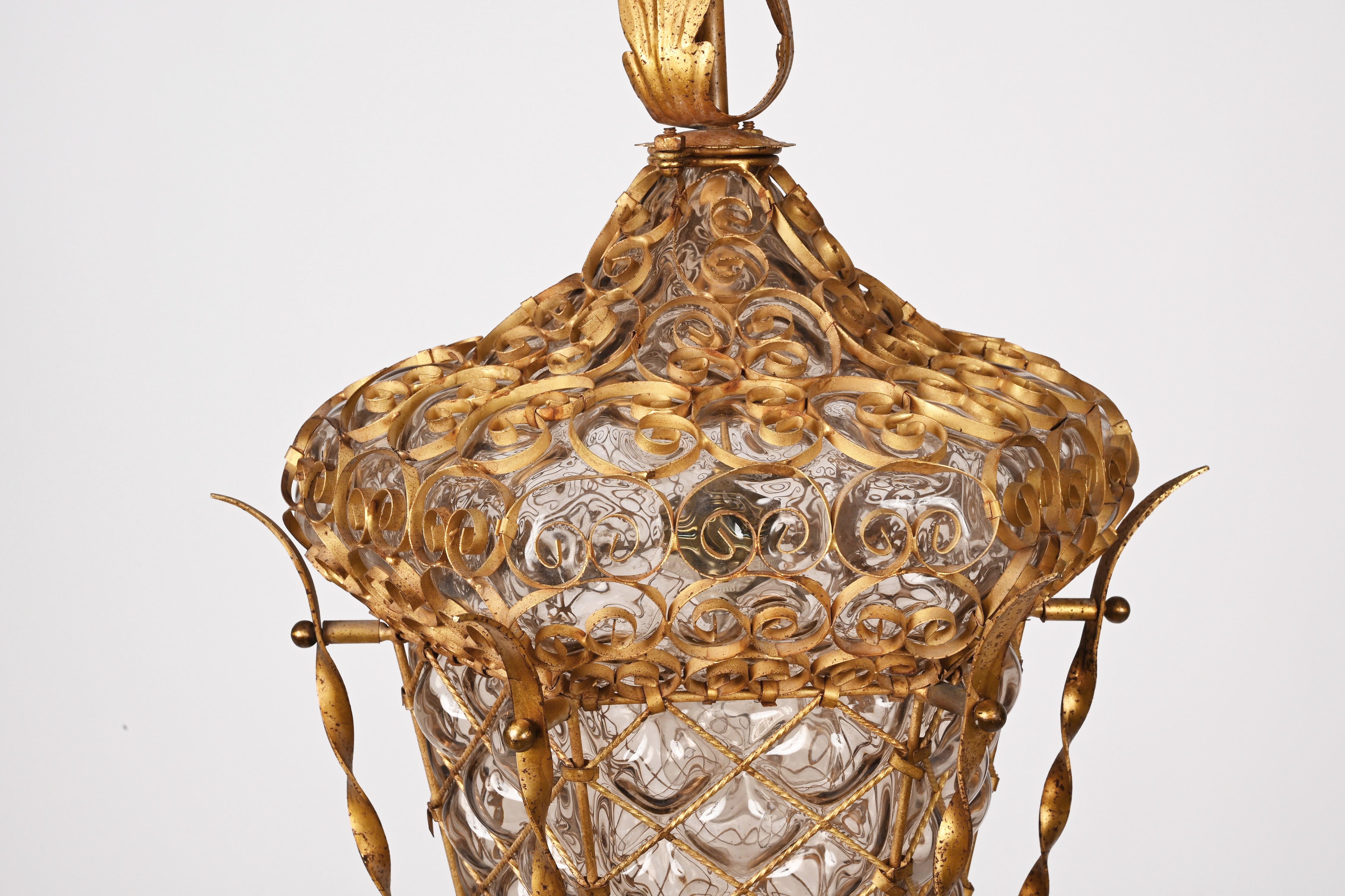 Midcentury Venetian Mouth Blown Glass in Gold Painted Metal Frame Lantern, 1940s For Sale 1