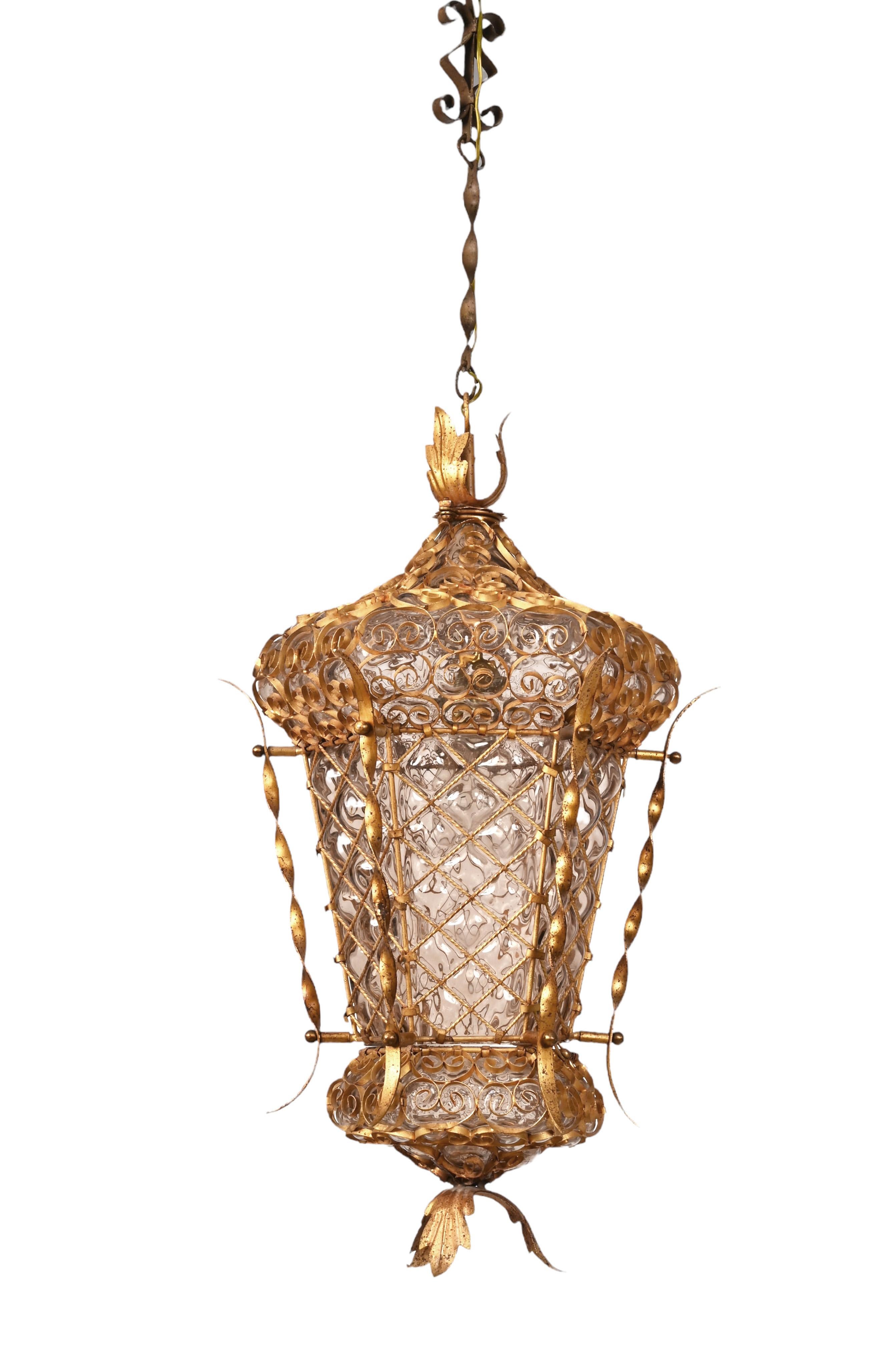 Midcentury Venetian Mouth Blown Glass in Gold Painted Metal Frame Lantern, 1940s For Sale 2