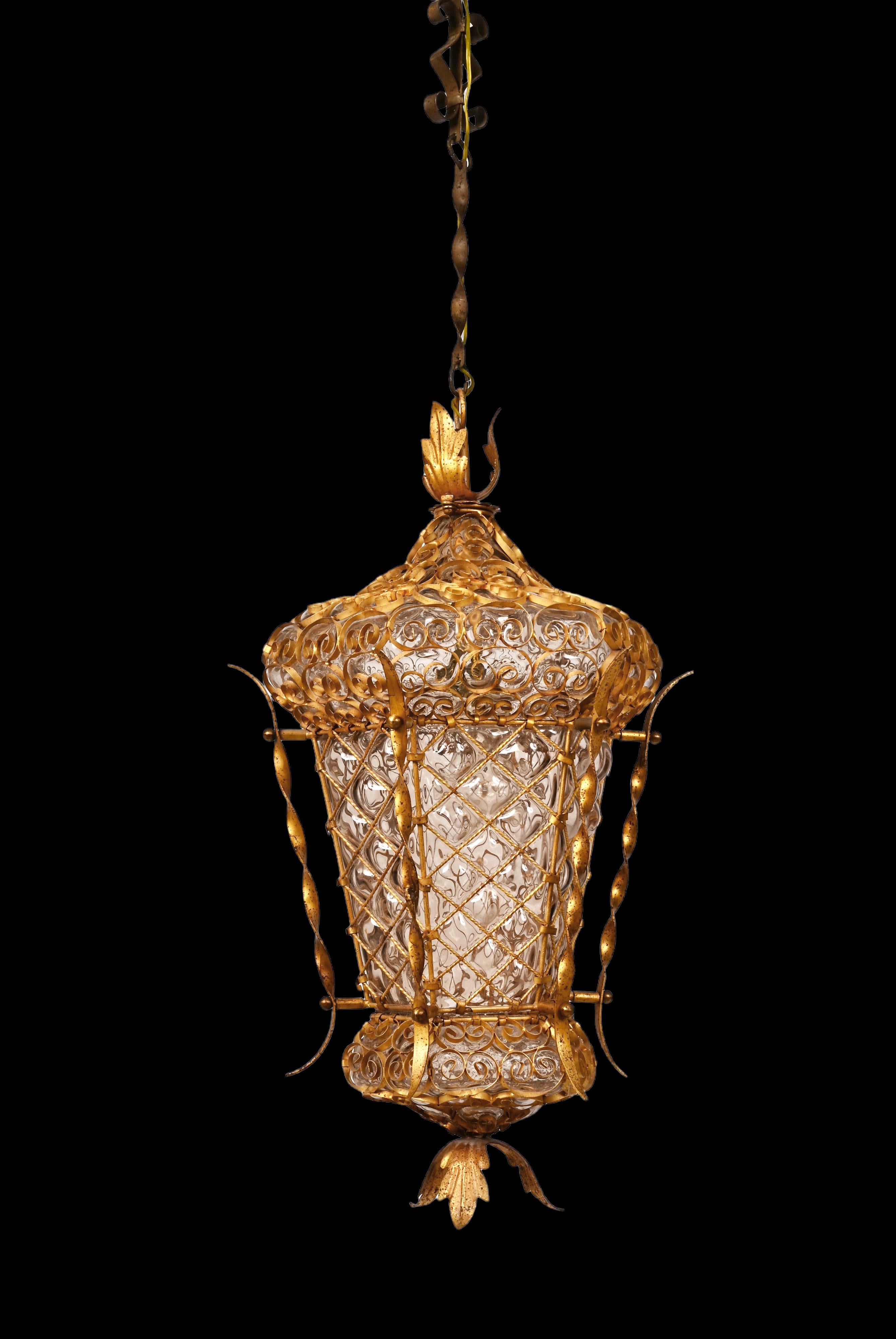 Midcentury Venetian Mouth Blown Glass in Gold Painted Metal Frame Lantern, 1940s For Sale 3