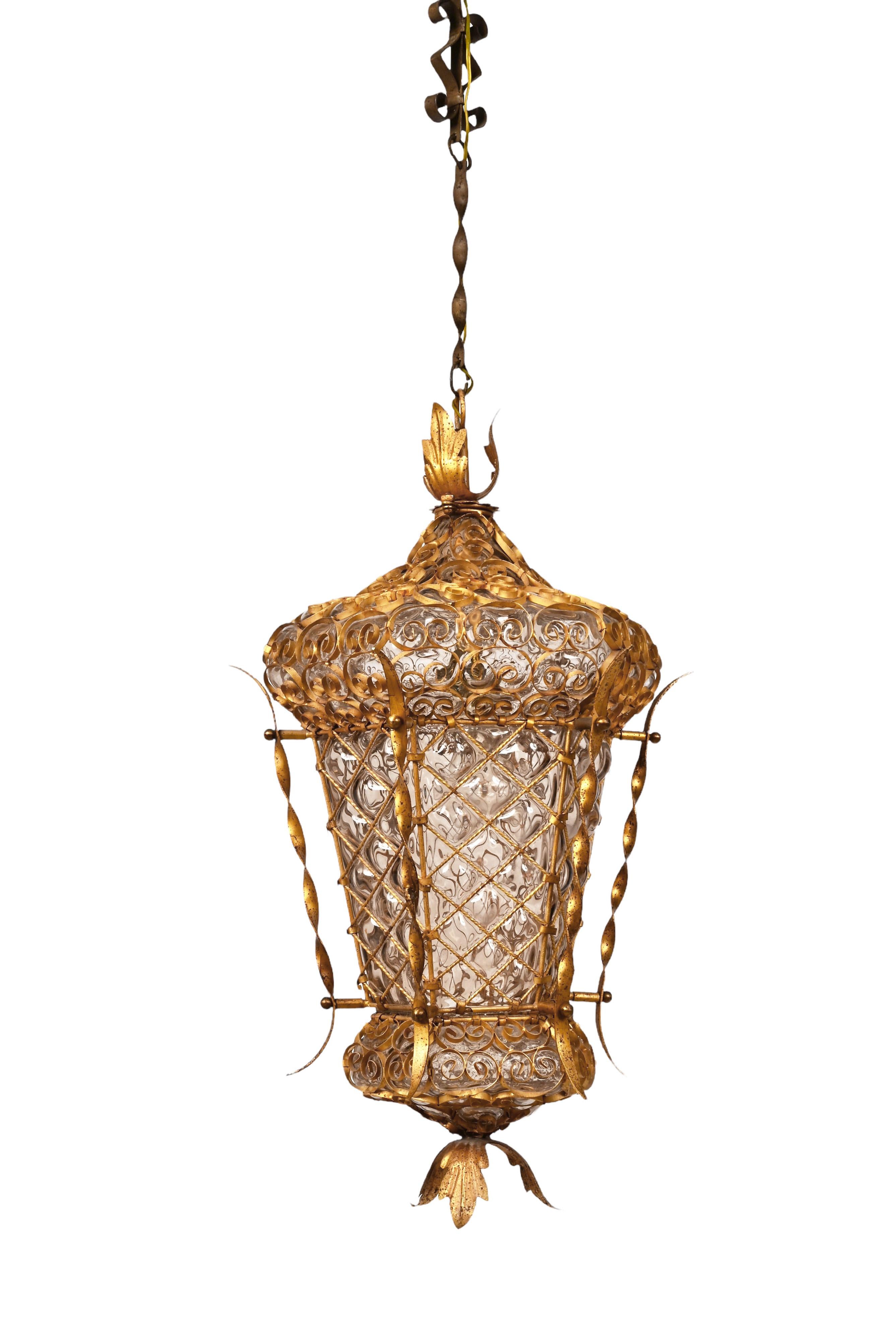 Midcentury Venetian Mouth Blown Glass in Gold Painted Metal Frame Lantern, 1940s For Sale 5
