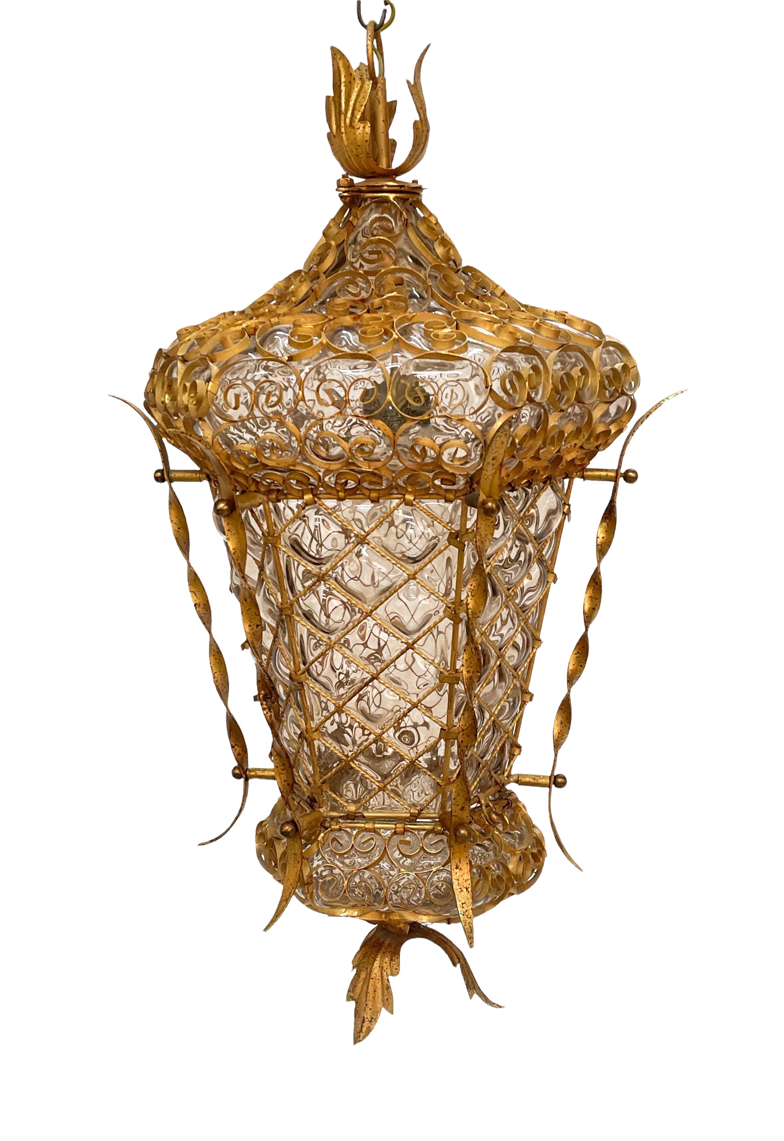 Midcentury Venetian Mouth Blown Glass in Gold Painted Metal Frame Lantern, 1940s For Sale 8