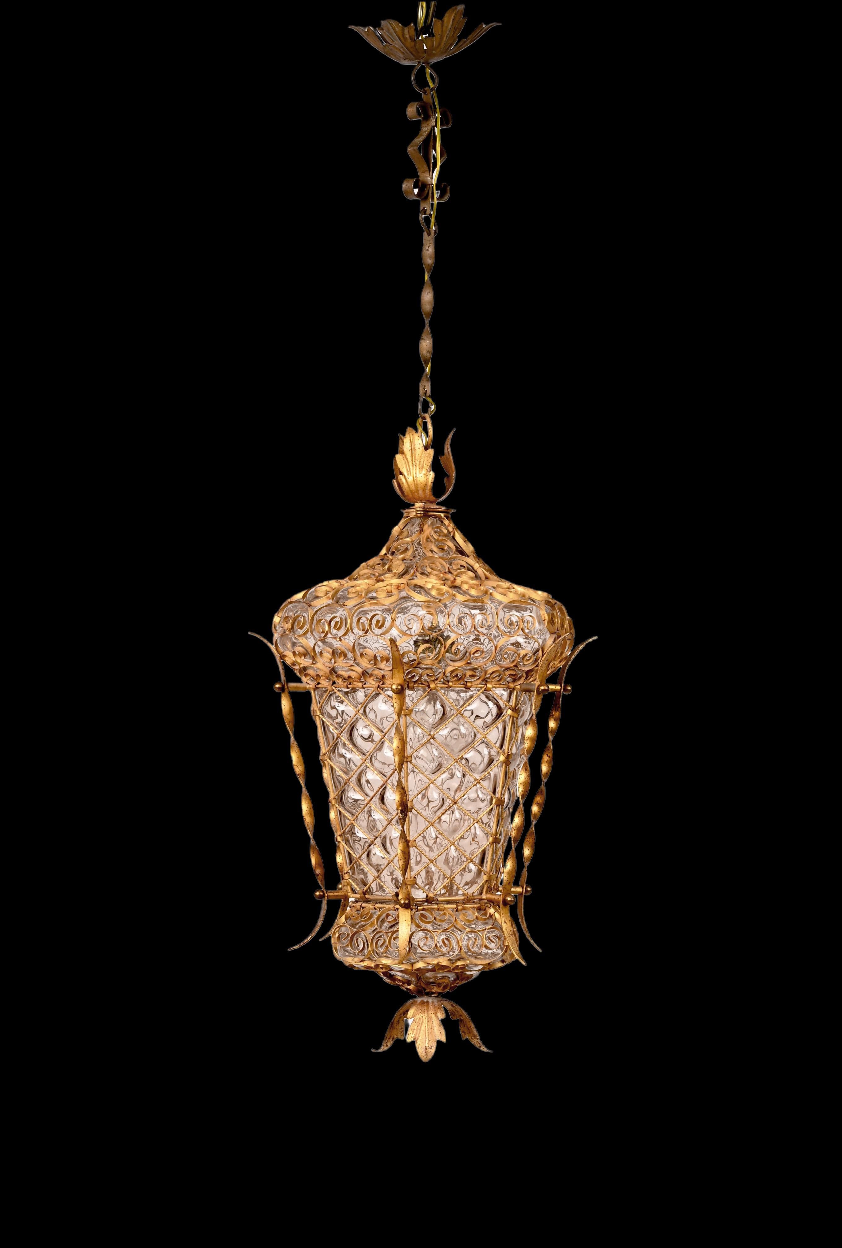 Mid-Century Modern Midcentury Venetian Mouth Blown Glass in Gold Painted Metal Frame Lantern, 1940s For Sale