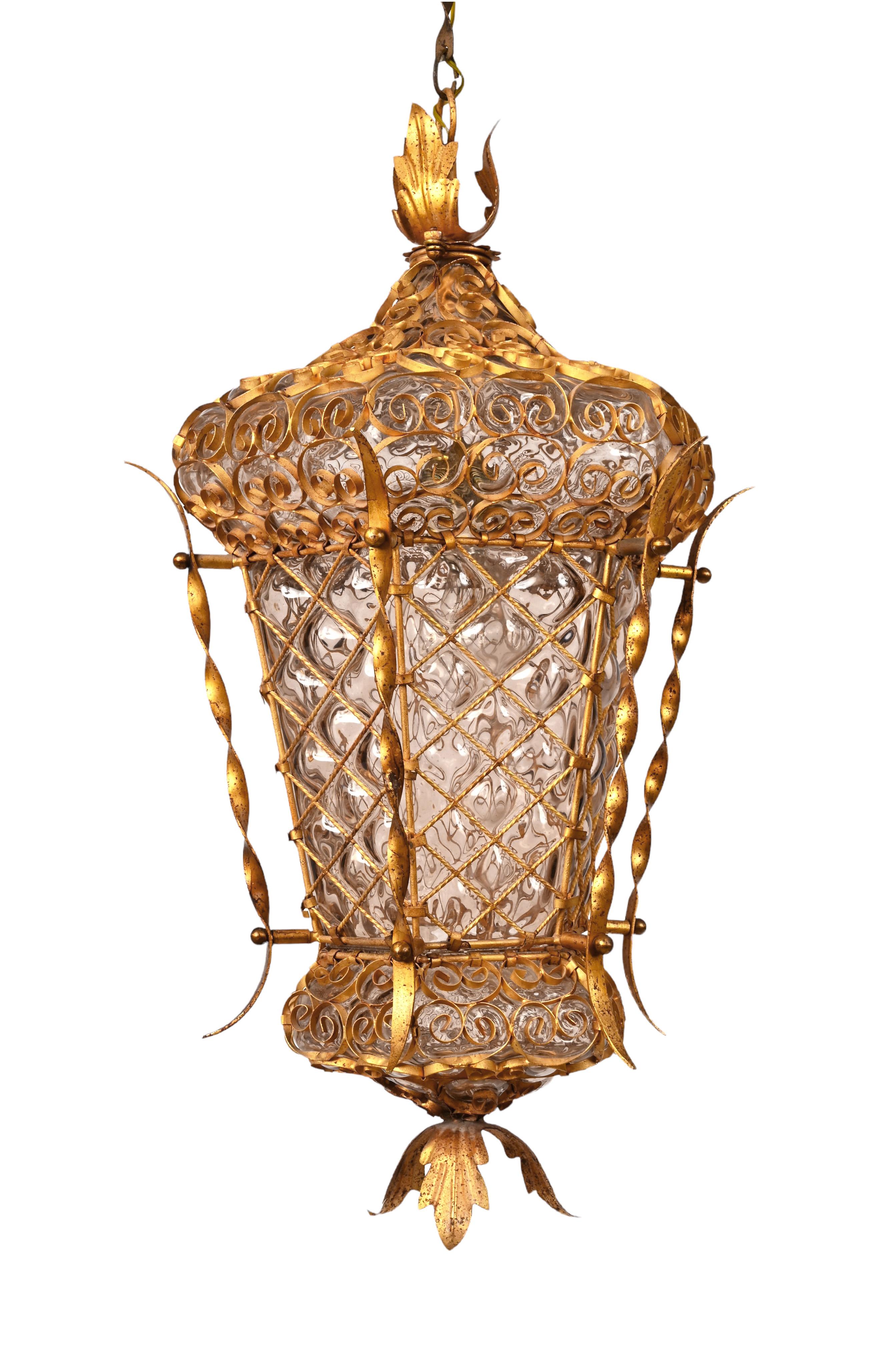 Hand-Crafted Midcentury Venetian Mouth Blown Glass in Gold Painted Metal Frame Lantern, 1940s For Sale