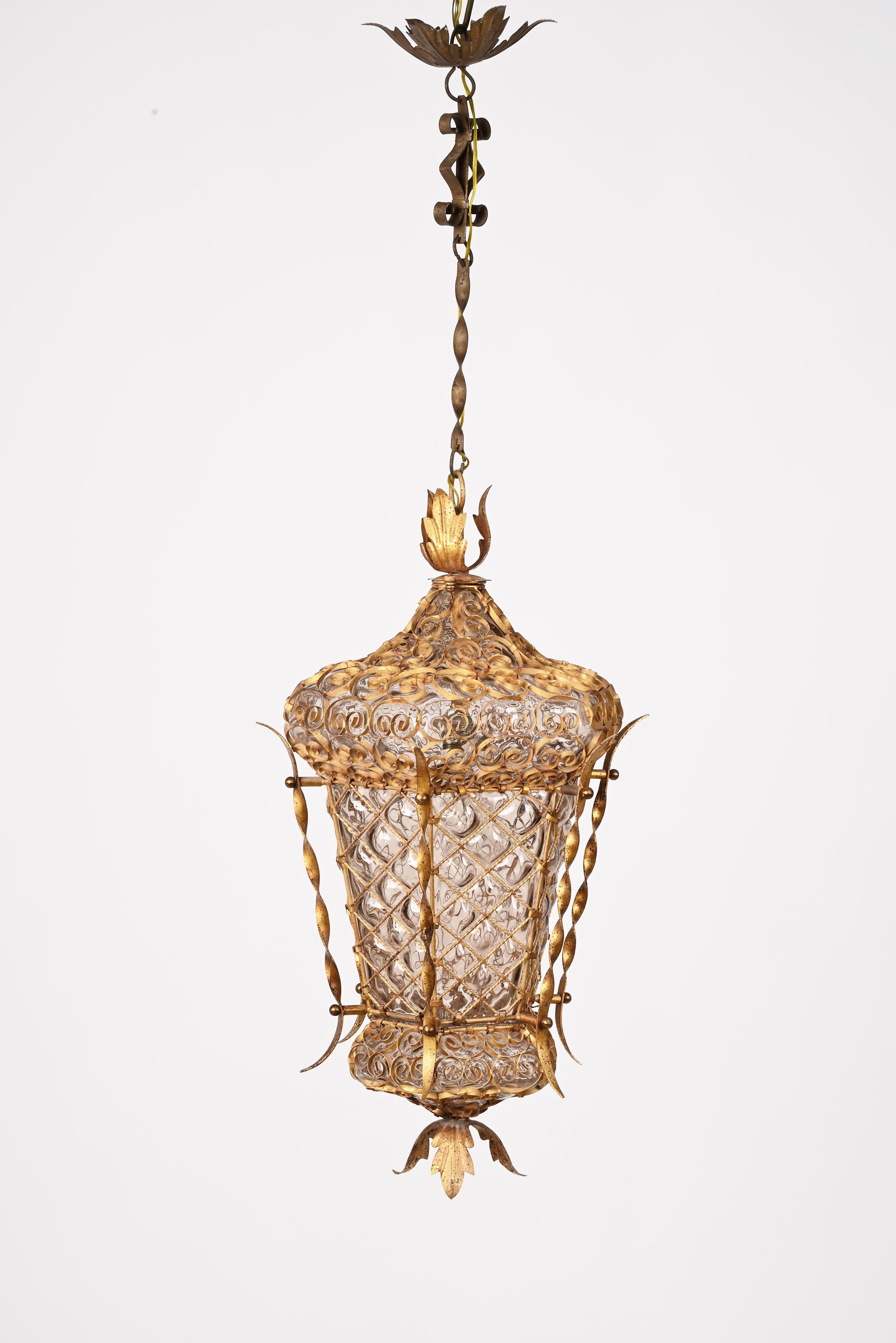 Mid-20th Century Midcentury Venetian Mouth Blown Glass in Gold Painted Metal Frame Lantern, 1940s For Sale