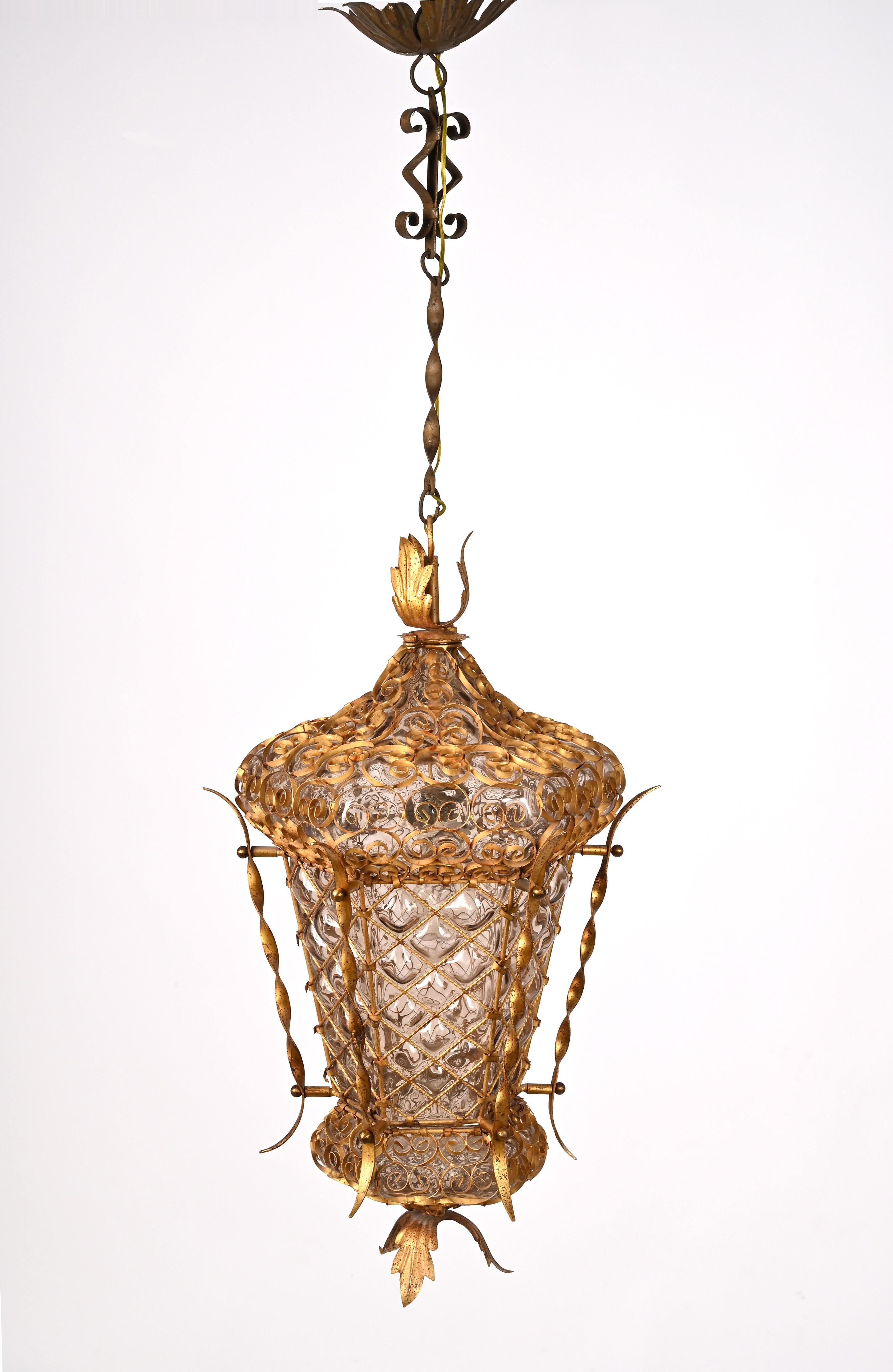 Art Glass Midcentury Venetian Mouth Blown Glass in Gold Painted Metal Frame Lantern, 1940s For Sale
