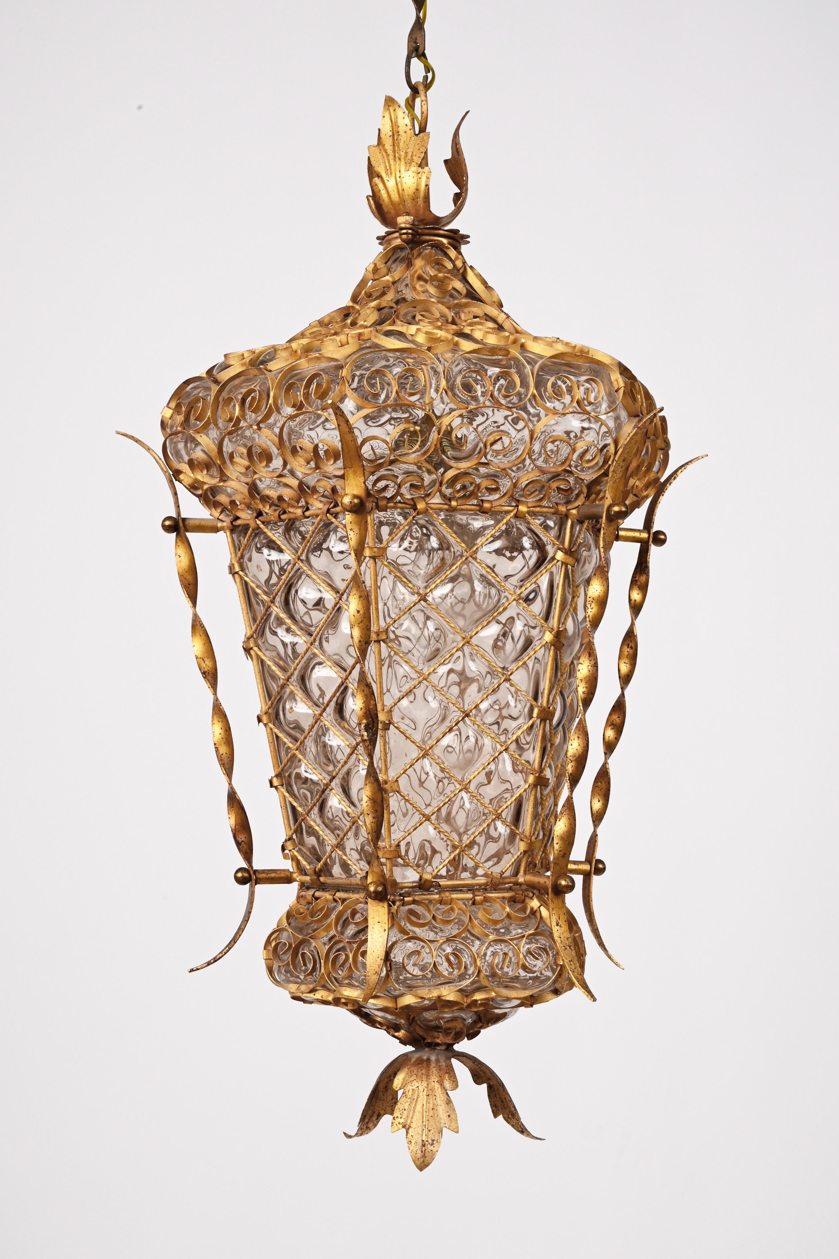 Art Glass Midcentury Venetian Mouth Blown Glass in Gold Painted Metal Frame Lantern, 1940s For Sale