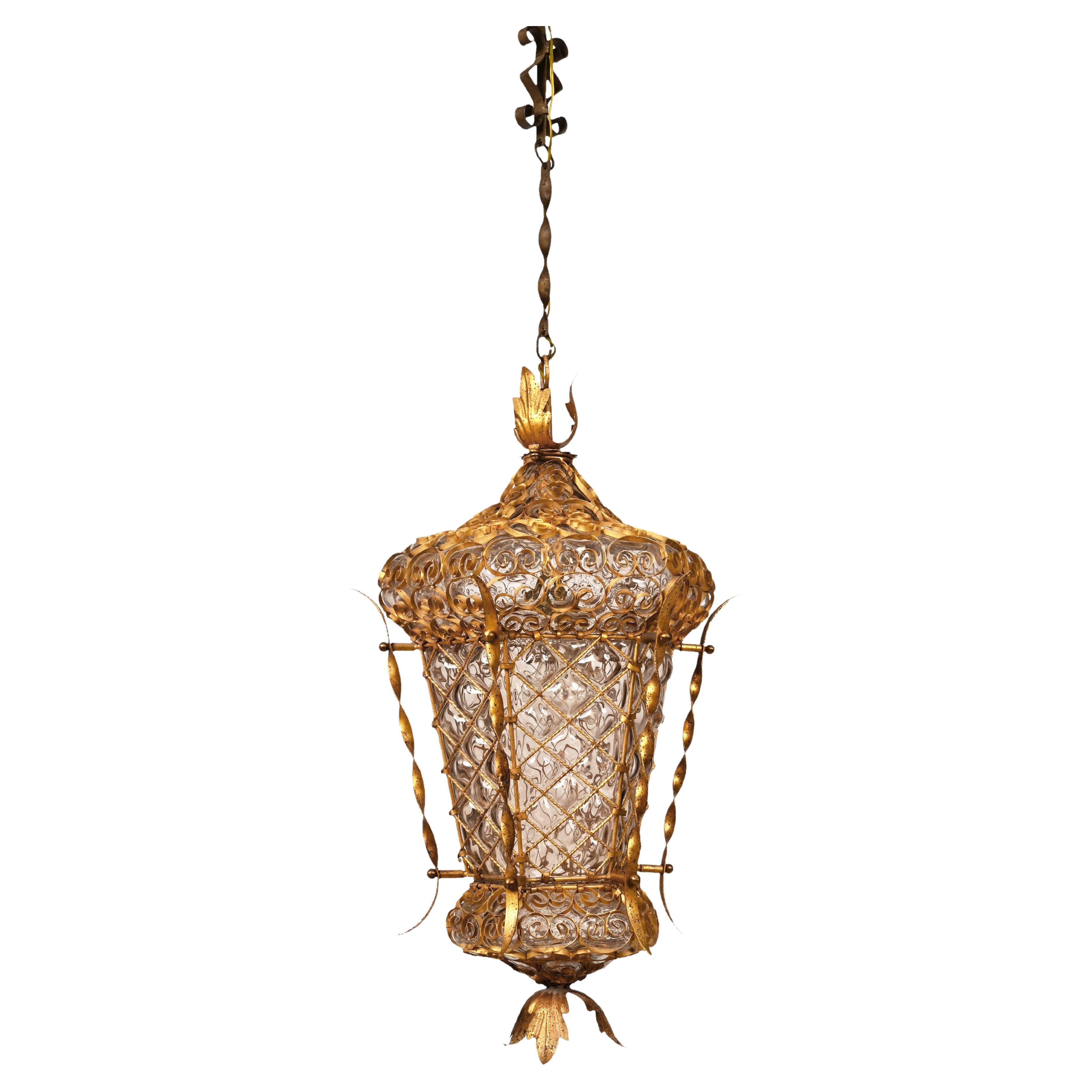Midcentury Venetian Mouth Blown Glass in Gold Painted Metal Frame Lantern, 1940s