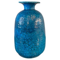 Midcentury Vibrant Blue Crackle Glaze Art Pottery Vase