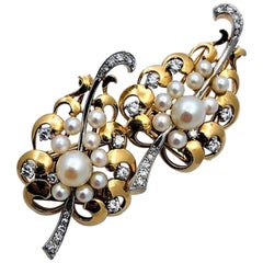 Midcentury Victorian Inspired Gold Double Clips with Diamonds and Pearls