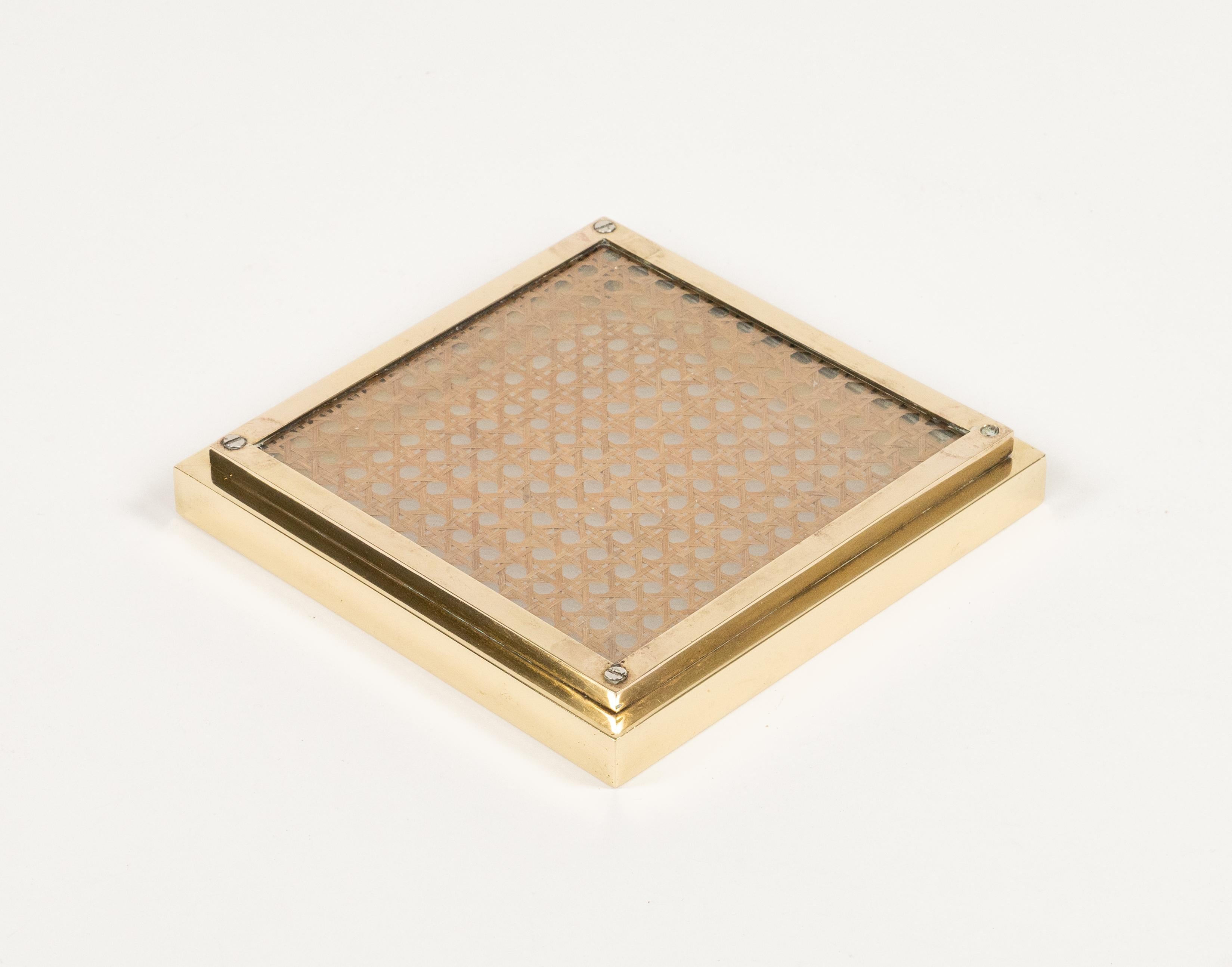 Midcentury Vide-Poche in Brass, Glass & Rattan Christian Dior Style, Italy 1970s For Sale 3