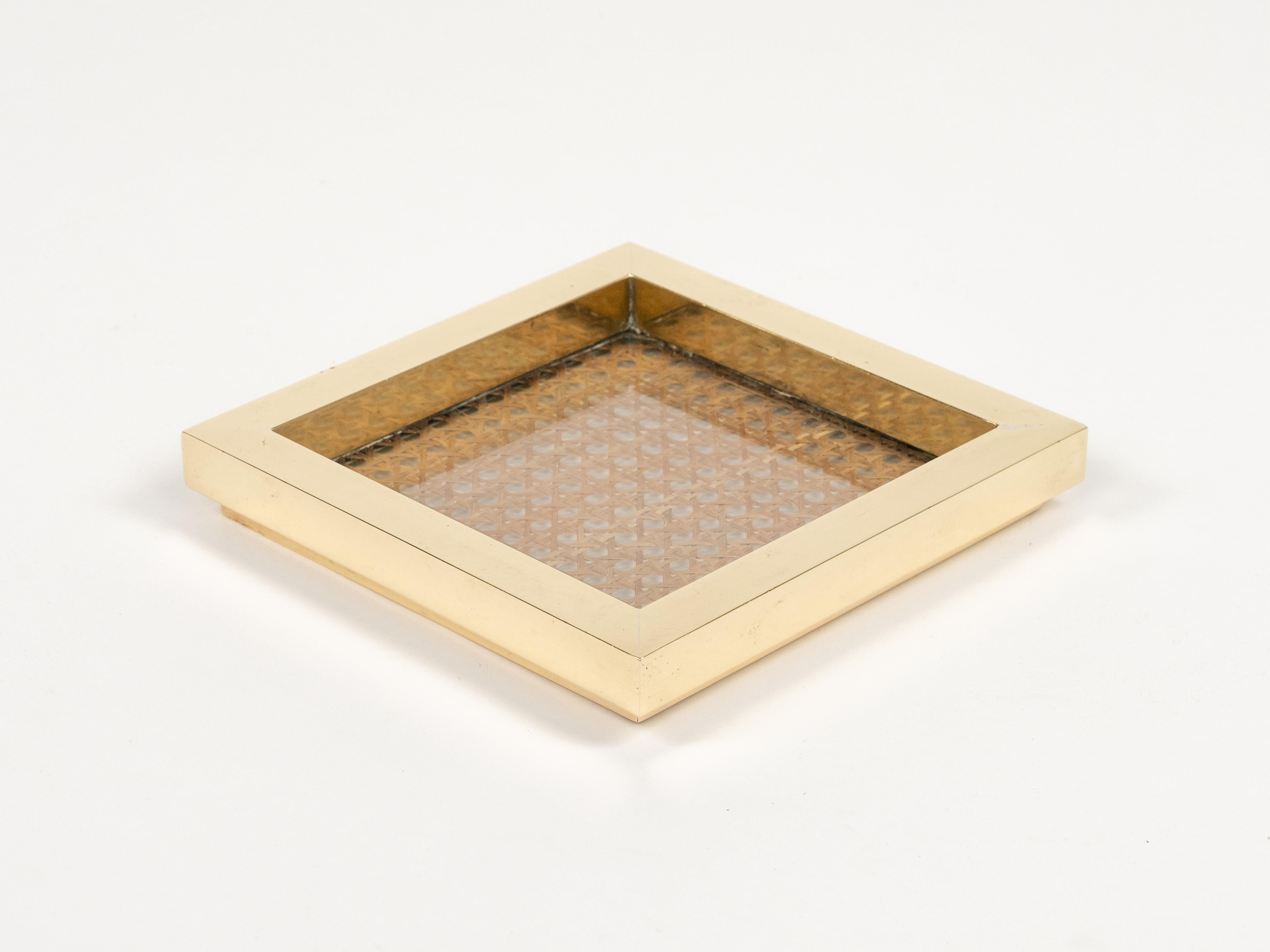 Mid-Century Modern Midcentury Vide-Poche in Brass, Glass & Rattan Christian Dior Style, Italy 1970s For Sale