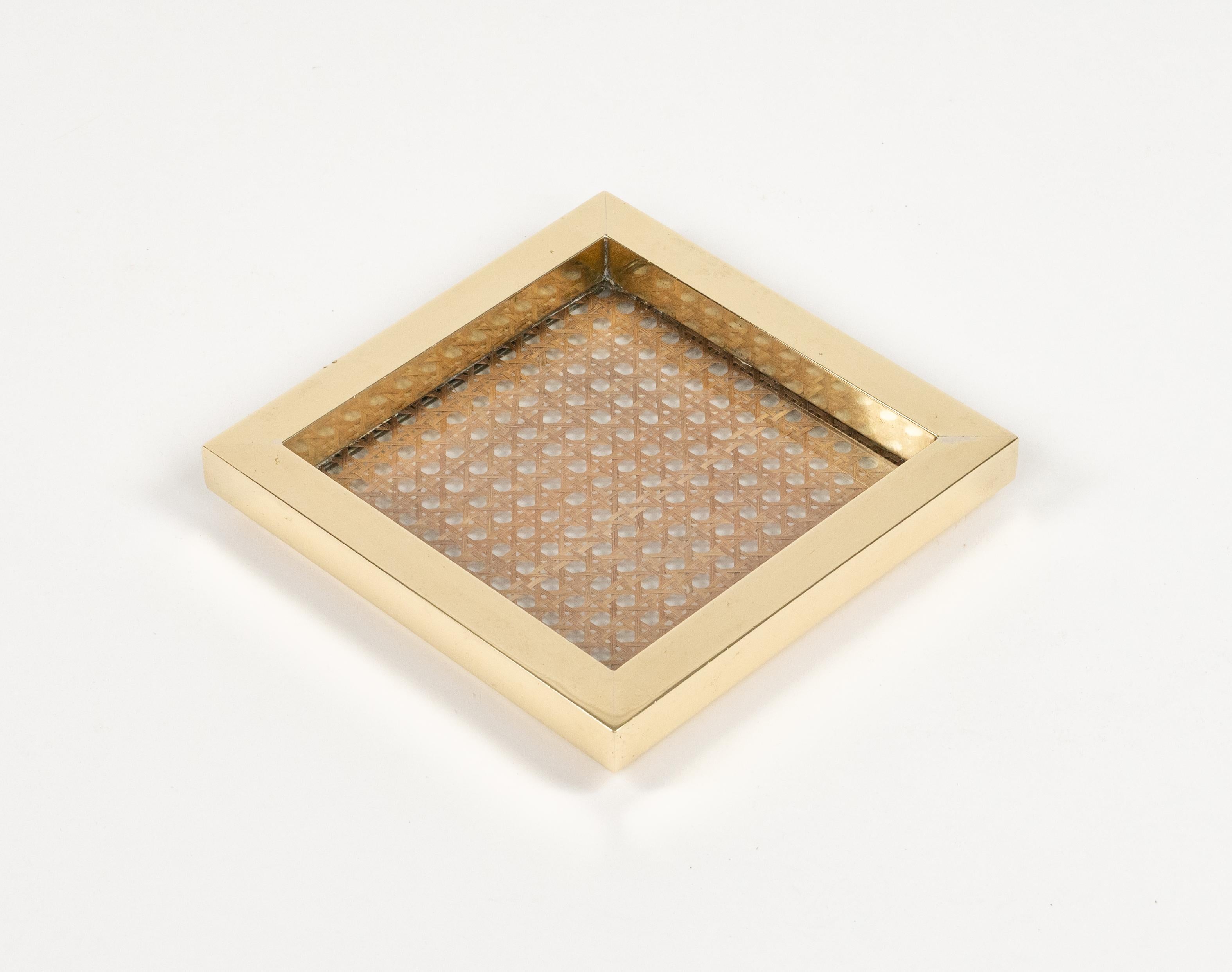 Italian Midcentury Vide-Poche in Brass, Glass & Rattan Christian Dior Style, Italy 1970s For Sale