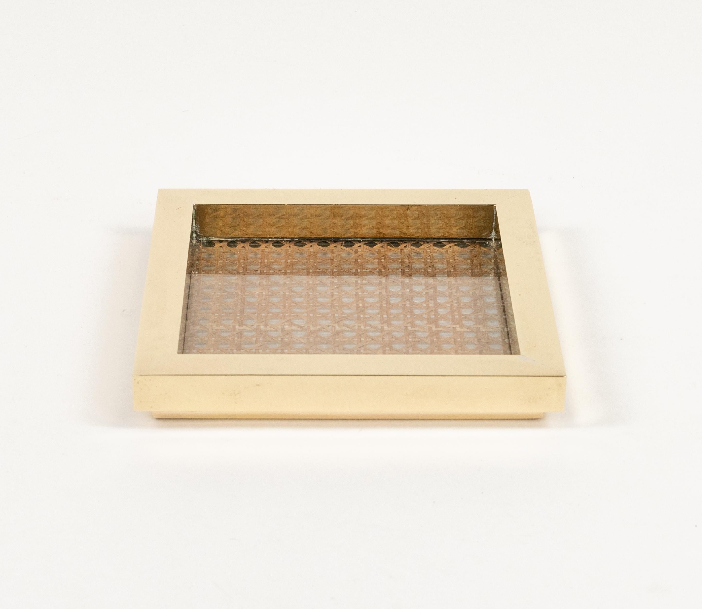 Late 20th Century Midcentury Vide-Poche in Brass, Glass & Rattan Christian Dior Style, Italy 1970s For Sale