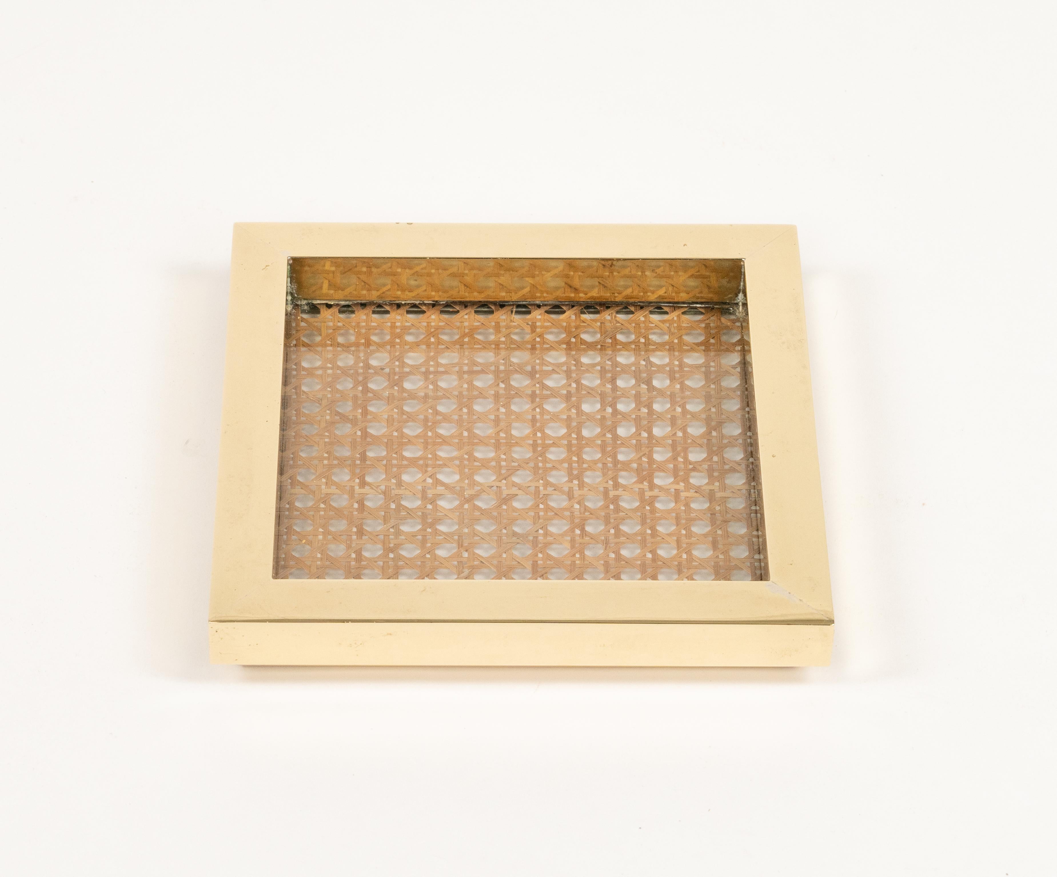 Metal Midcentury Vide-Poche in Brass, Glass & Rattan Christian Dior Style, Italy 1970s For Sale