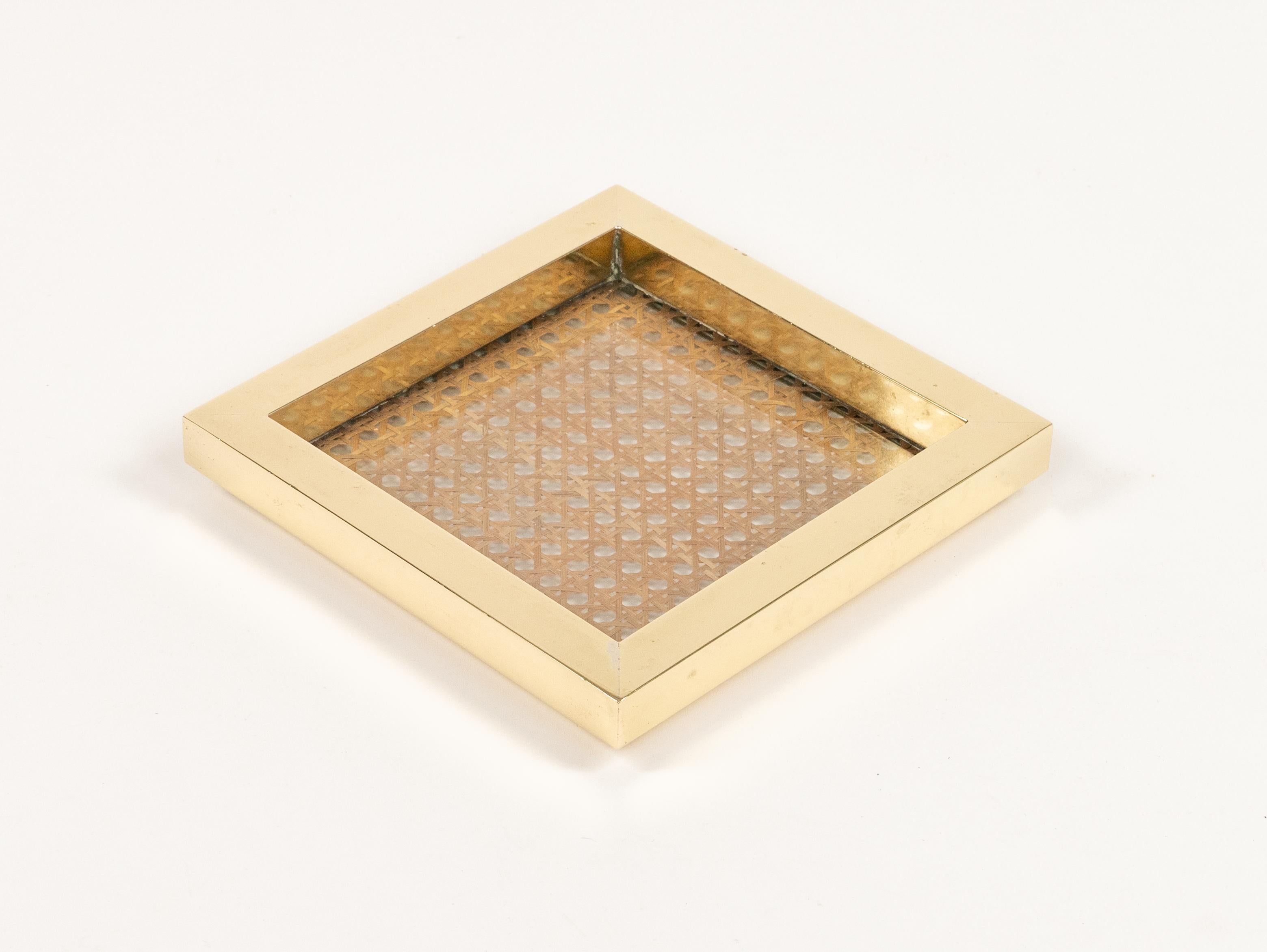Midcentury Vide-Poche in Brass, Glass & Rattan Christian Dior Style, Italy 1970s For Sale 1