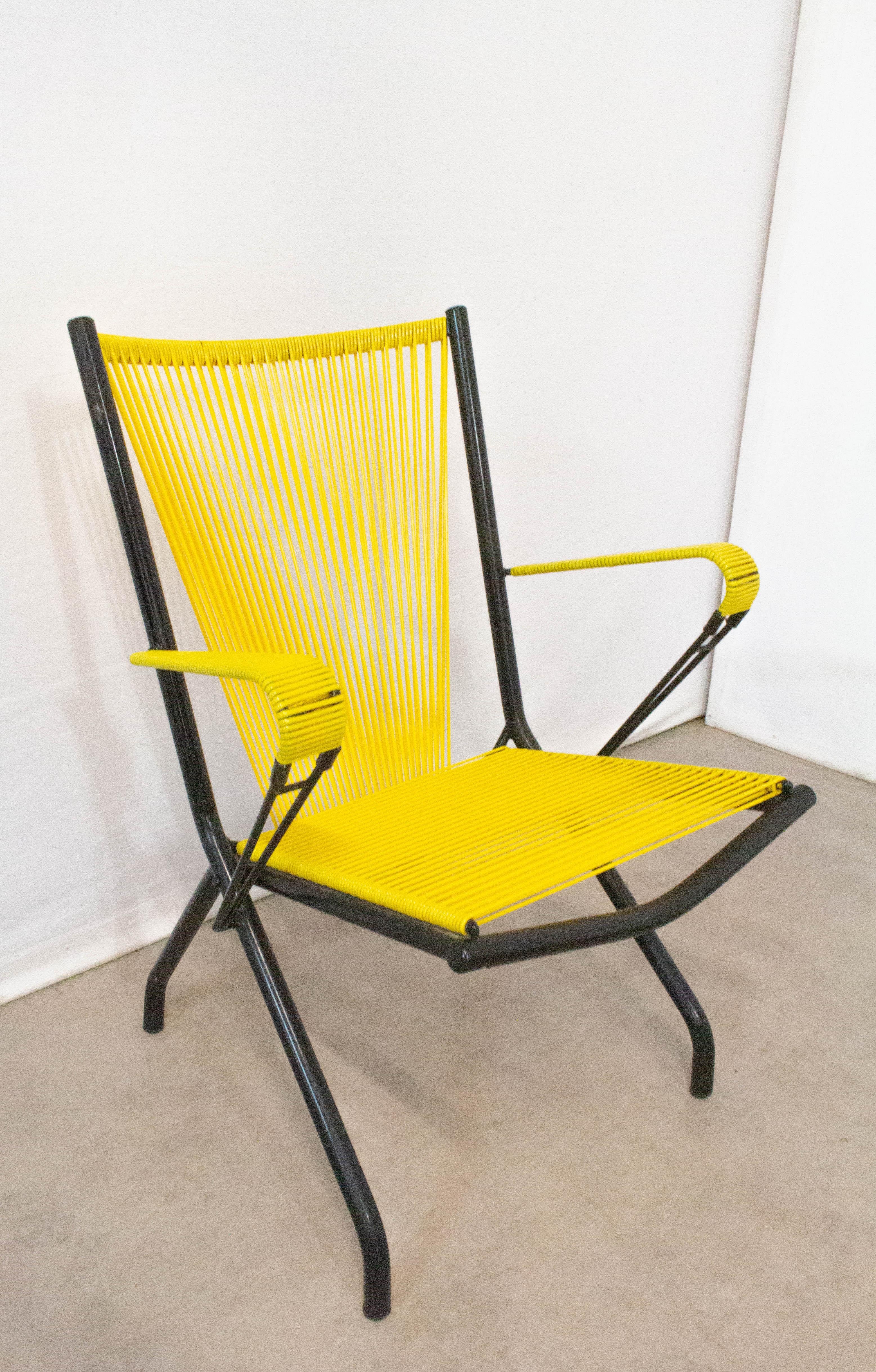 Mid-Century Modern Midcentury Vintage Armchair Yellow PVC Laces Metal Tubular, French For Sale