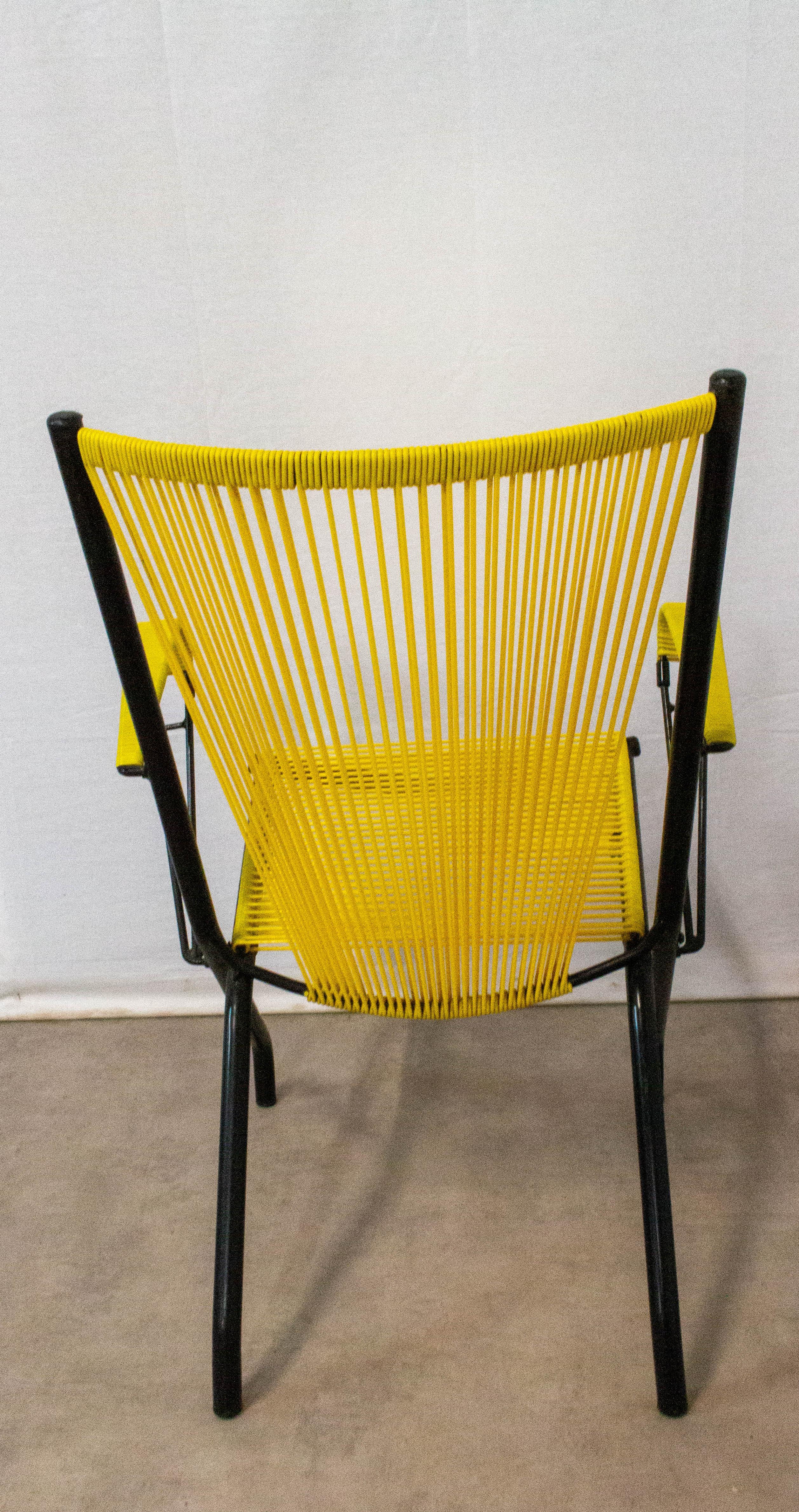 20th Century Midcentury Vintage Armchair Yellow PVC Laces Metal Tubular, French For Sale