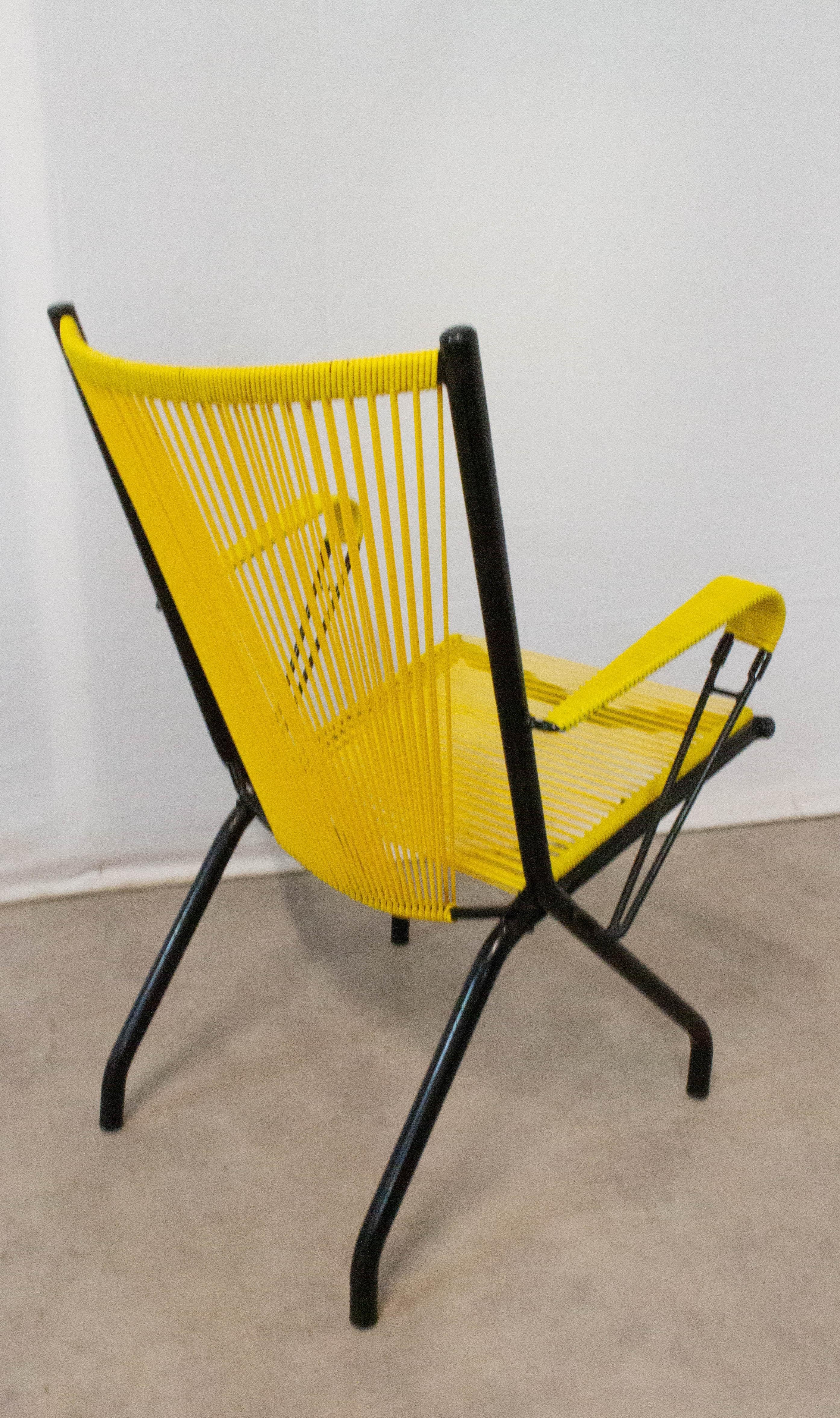 Midcentury Vintage Armchair Yellow PVC Laces Metal Tubular, French 1