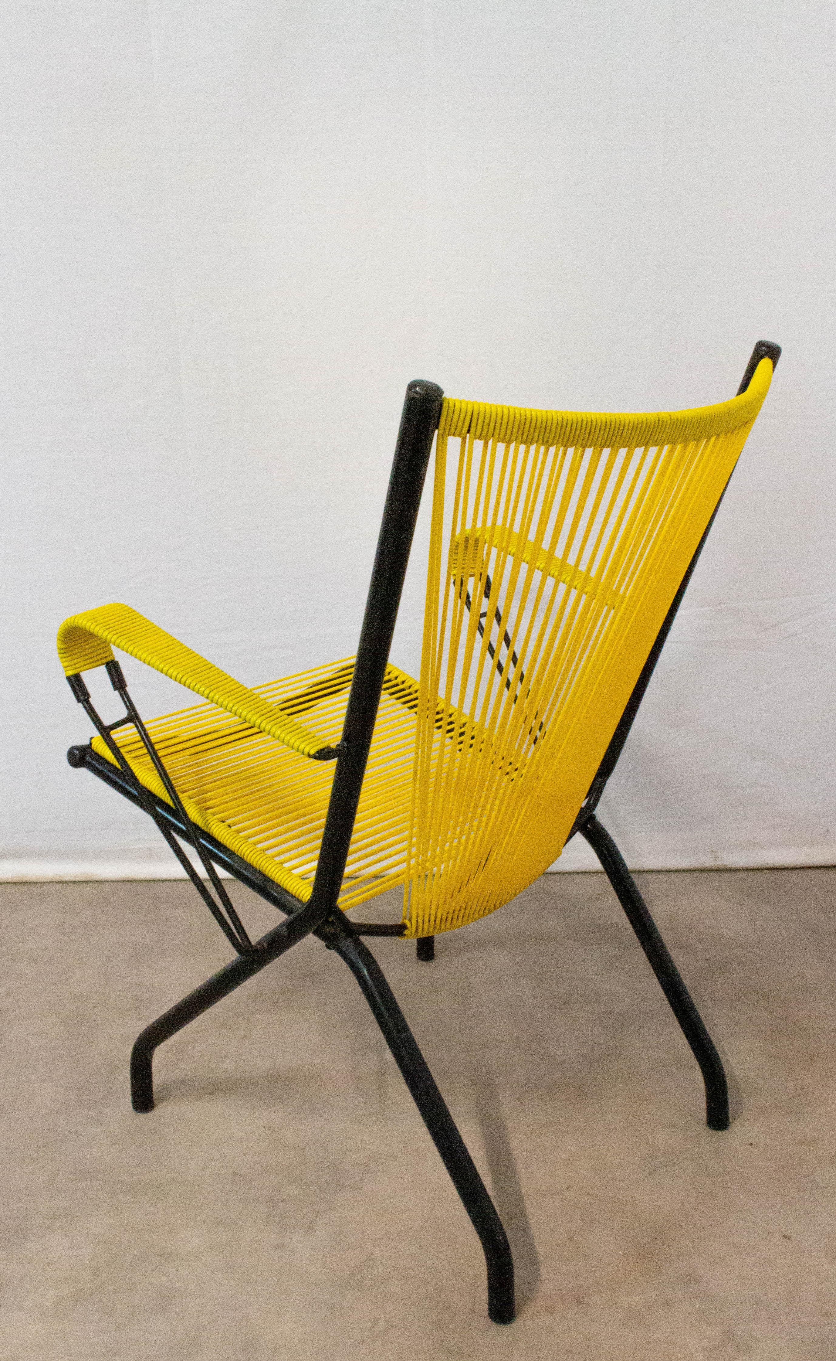 Midcentury Vintage Armchair Yellow PVC Laces Metal Tubular, French 2