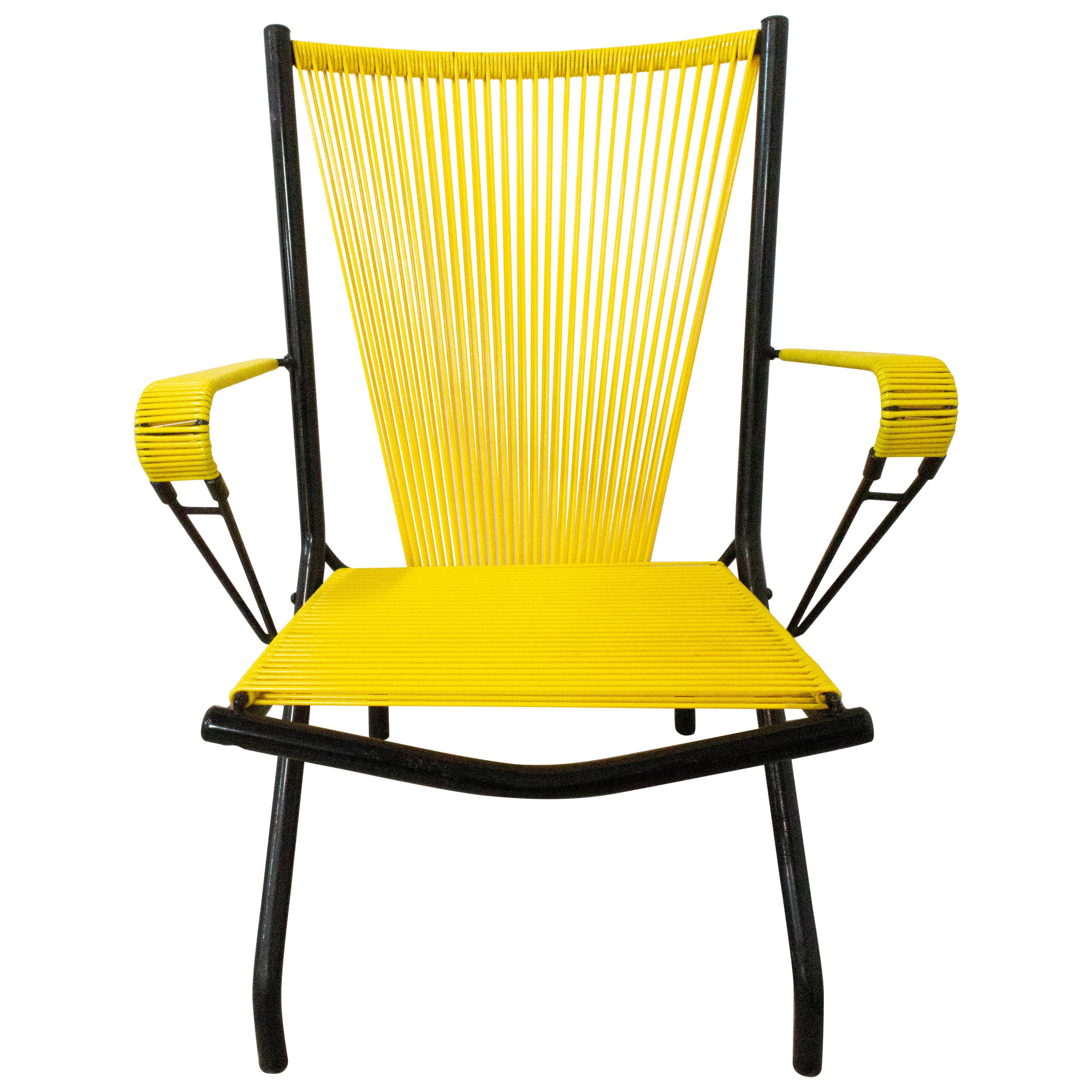 Midcentury Vintage Armchair Yellow PVC Laces Metal Tubular, French For Sale