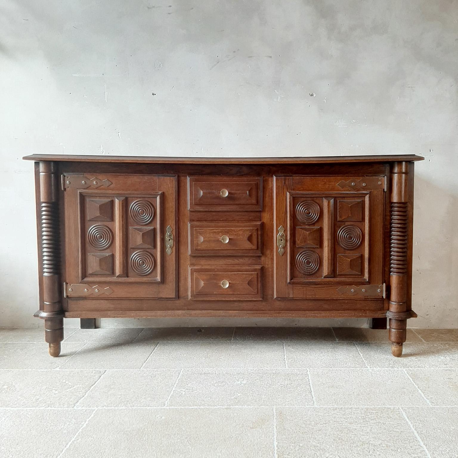 French Midcentury Vintage Art Deco Oak Sideboard, Credenza by Charles Dudouyt