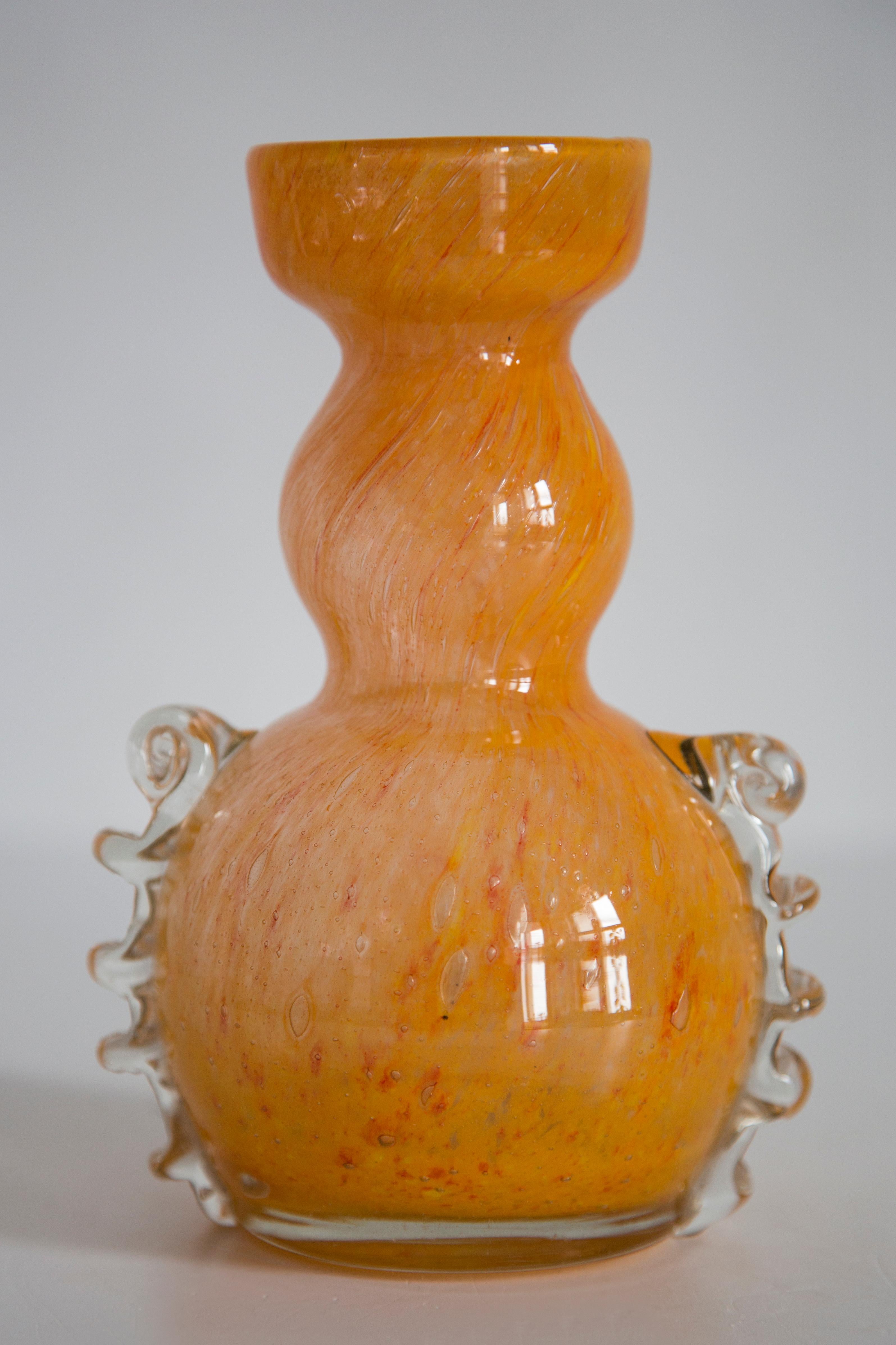Hand-Carved MidCentury Vintage Artistic Glass Orange Vase, Tarnowiec, Sulczan, Europe, 1970s For Sale