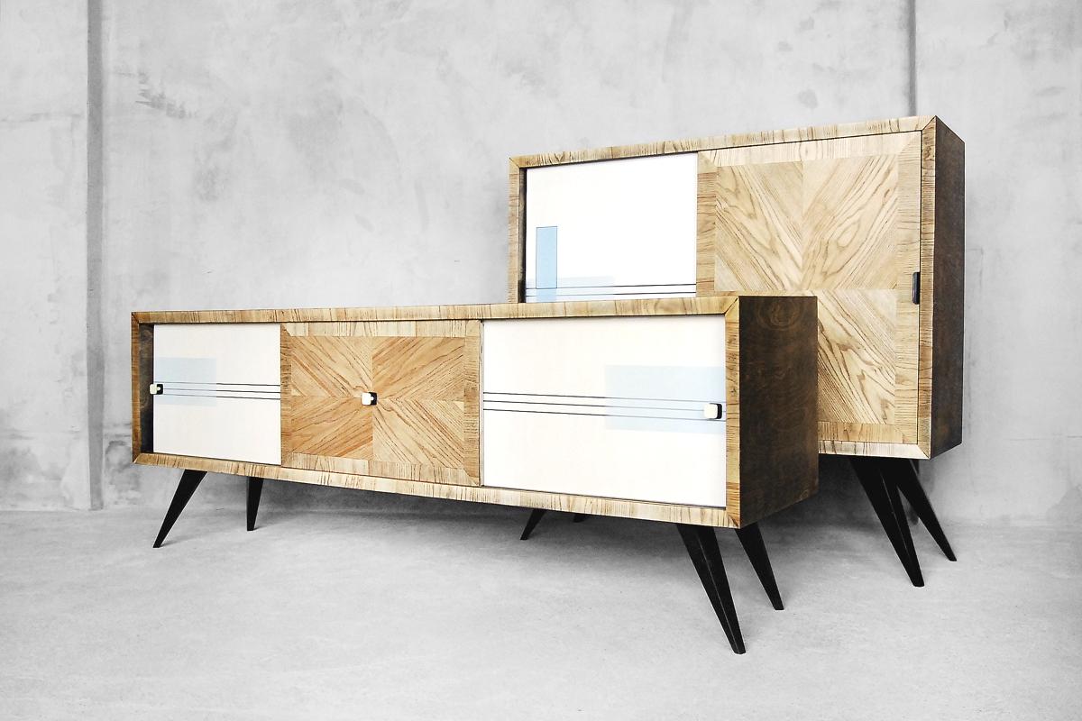 Midcentury Vintage Ash Sideboard with Hand Painted Pattern, 1960s In Good Condition In Warsaw, PL
