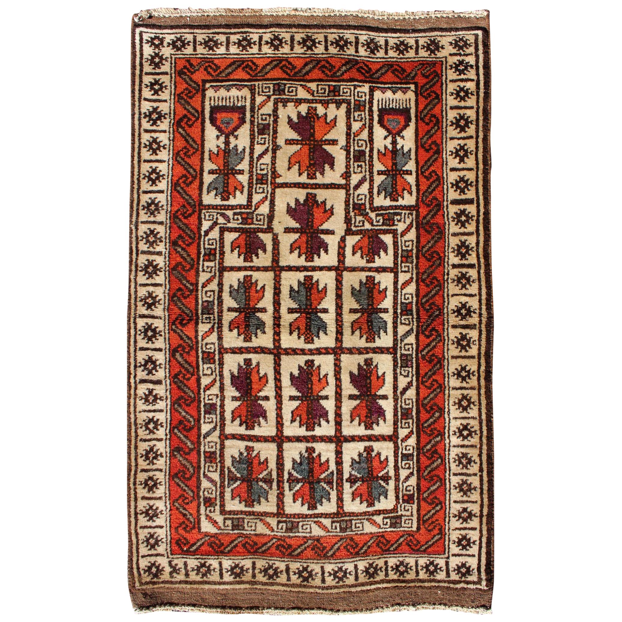 Midcentury Vintage Beluch Rug with All-Over Diamond Pattern in Red and Charcoal